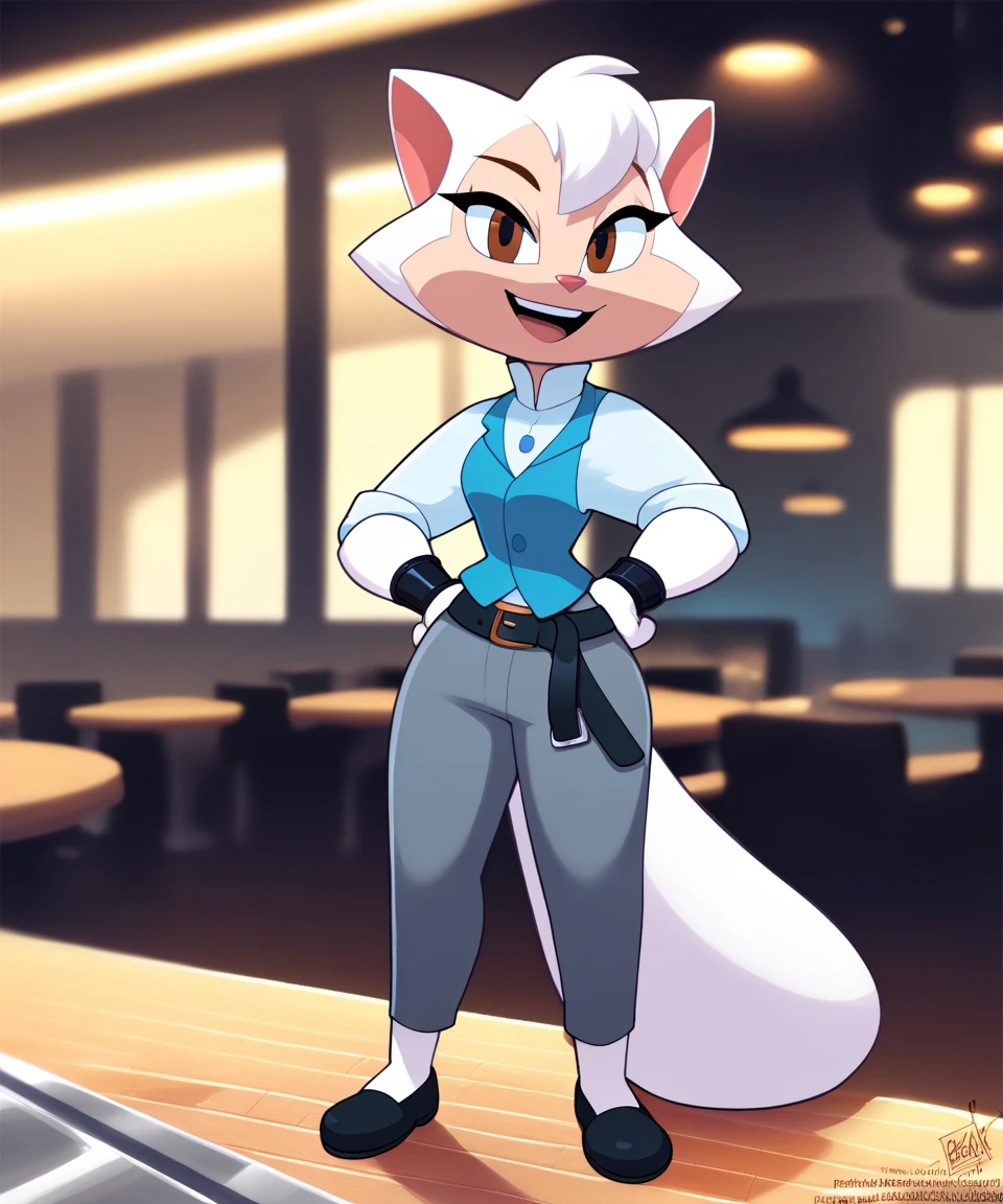 source_furry, solo, sawyer, female, brown eyes, open smile, looking at viewer, restaurant, white collared shirt, blue vest, black braclets, black belt, gray pants, black shoes, eye lashes, smile, hands on hips, by sssonic2,by sigma_x,by kilinah, score_9, score_8_up, score_7_up, score_6_up, score_5_up, score_4_up