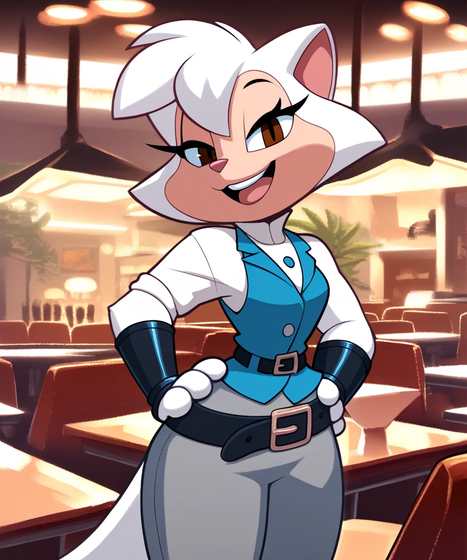 source_furry, solo, sawyer, female, brown eyes, open smile, looking at viewer, restaurant, white collared shirt, blue vest, black braclets, black belt, gray pants, black shoes, eye lashes, smile, hands on hips, by sssonic2,by sigma_x,by kilinah, score_9, score_8_up, score_7_up, score_6_up, score_5_up, score_4_up