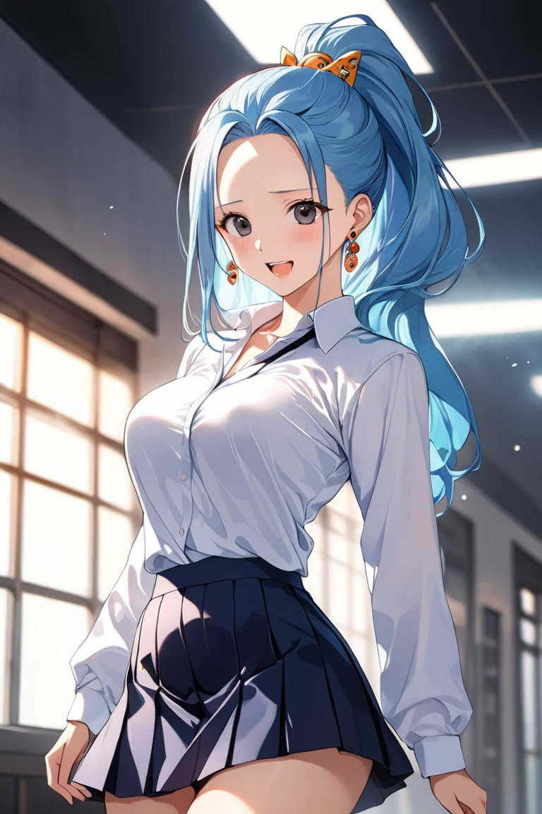 16k,masterpiece,animated painting, ultra detailed background, delicate pattern, intricate detail,highly detailed, fine details,best quality,beautiful lighting, absurdres,(Nefeltari Vivi:1.3),(onepiece:1.5),1990s \(style\),25 years old,adult beautiful lady,(E-cup beautiful breasts),clevage, (tall:1.2),height: 175cm,Fashion model body type、1girl, long hair,(forehead:1.2), blue hair,parted bang,slicked back hair,big eyes,black eyes,long eyeblushes,solo,big laugh,blush,shiy, earrings, (highschool uniform,white long-sleave shirt,mini skirt:1.2), ponytail, hair ornament,(in the school),(hair lift, cowboy shot),Anime-style painting style,Cinematic lighting,Superfine,sexy,nsfw,seductive pose,(ahegao,vulgarity,orgasm:1.1),nsfw,closeup