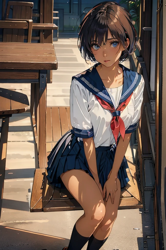 ((1 Japanese girl)), solo:1.9, alone:1.9, only one girl:1.9, 1 cute girl:1.9, 1 schoolgirl, (Japanese Girl:1.2), ((((school uniform, Navy jacket, white shirt, navy pleated skirt, white knee socks, black loafers)))), facing the camera,  perfect girl,  perfect face, shiny pink lips, expressive eyes, eyeshadow, eyeliner, (Huge natural breasts:1.3),  thin waist, Wheat skin:1.5, tanned skin:1.5, light brown hair, ((( very short hair ))), ((( pixie cut ))), for moles under eyes, Eyeball, ( embarrassing:1.2,  Upturned eyes ), class room, sit on school chair, whole body, From above, ultra high resolution, Accurate, Attention to Details, high quality, masterpiece, Anatomically accurate, biomechanically accurate, wrinkled skin, super detail, high quality, 