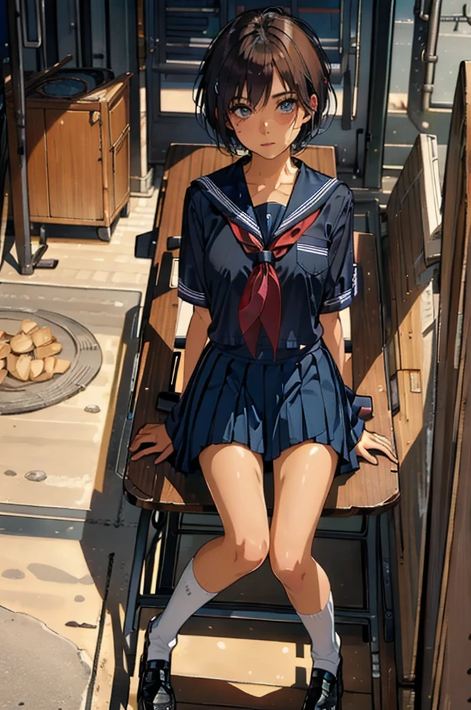 ((1 Japanese girl)), solo:1.9, alone:1.9, only one girl:1.9, 1 cute girl:1.9, 1 schoolgirl, (Japanese Girl:1.2), ((((school uniform, Navy jacket, white shirt, navy pleated skirt, white knee socks, black loafers)))), facing the camera,  perfect girl,  perfect face, shiny pink lips, expressive eyes, eyeshadow, eyeliner, (Huge natural breasts:1.3),  thin waist, Wheat skin:1.5, tanned skin:1.5, light brown hair, ((( very short hair ))), ((( pixie cut ))), for moles under eyes, Eyeball, ( embarrassing:1.2,  Upturned eyes ), class room, sit on school chair, whole body, From above, ultra high resolution, Accurate, Attention to Details, high quality, masterpiece, Anatomically accurate, biomechanically accurate, wrinkled skin, super detail, high quality, 