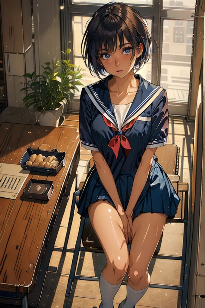 ((1 Japanese girl)), solo:1.9, alone:1.9, only one girl:1.9, 1 cute girl:1.9, 1 schoolgirl, (Japanese Girl:1.2), ((((school uniform, Navy jacket, white shirt, navy pleated skirt, white knee socks, black loafers)))), facing the camera,  perfect girl,  perfect face, shiny pink lips, expressive eyes, eyeshadow, eyeliner, (Huge natural breasts:1.3),  thin waist, Wheat skin:1.5, tanned skin:1.5, light brown hair, ((( very short hair ))), ((( pixie cut ))), for moles under eyes, Eyeball, ( embarrassing:1.2,  Upturned eyes ), class room, sit on school chair, whole body, From above, ultra high resolution, Accurate, Attention to Details, high quality, masterpiece, Anatomically accurate, biomechanically accurate, wrinkled skin, super detail, high quality, 