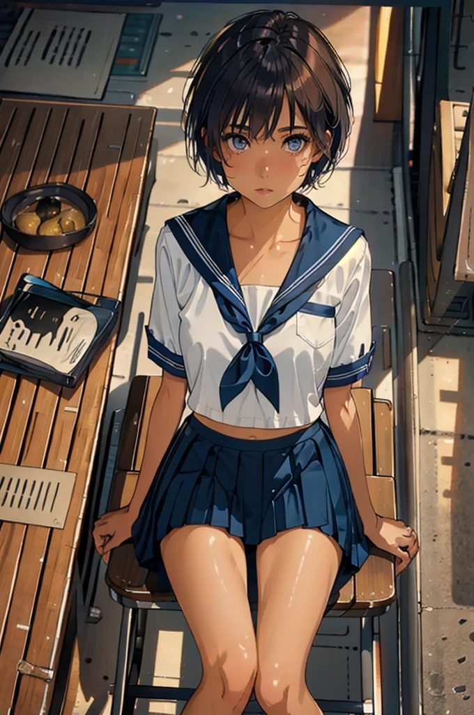 ((1 Japanese girl)), solo:1.9, alone:1.9, only one girl:1.9, 1 cute girl:1.9, 1 schoolgirl, (Japanese Girl:1.2), ((((school uniform, Navy jacket, white shirt, navy pleated skirt, white knee socks, black loafers)))), facing the camera,  perfect girl,  perfect face, shiny pink lips, expressive eyes, eyeshadow, eyeliner, (Huge natural breasts:1.3),  thin waist, Wheat skin:1.5, tanned skin:1.5, light brown hair, ((( very short hair ))), ((( pixie cut ))), for moles under eyes, Eyeball, ( embarrassing:1.2,  Upturned eyes ), class room, sit on school chair, whole body, From above, ultra high resolution, Accurate, Attention to Details, high quality, masterpiece, Anatomically accurate, biomechanically accurate, wrinkled skin, super detail, high quality, 