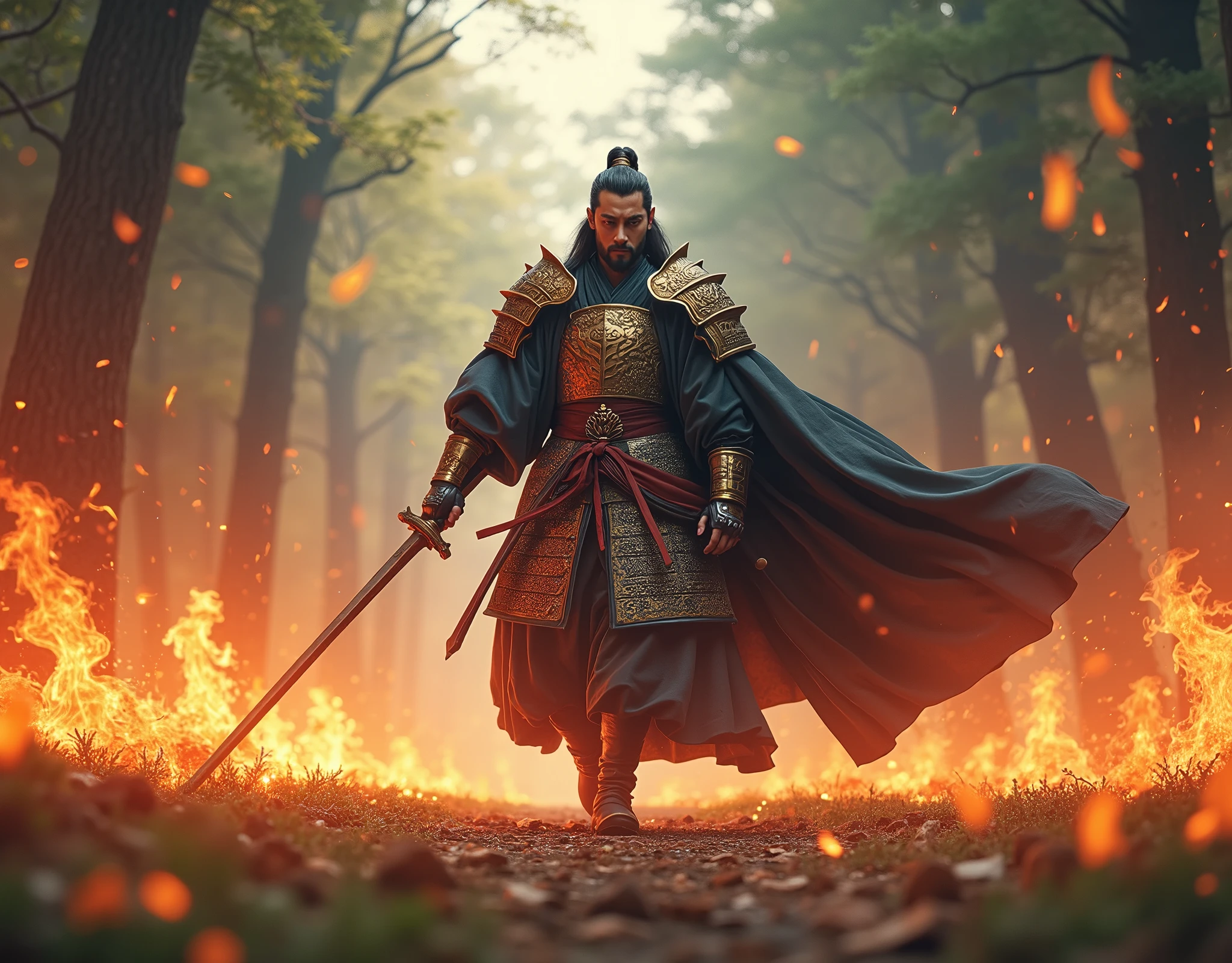  The Mightiest Hero in Japanese Mythology , Yamato Takeru Nomikoto , Emperor Yamato Takeru, At the field of Susukino,  who combs the fire with Kusanagi Sword , Kento Yamazaki,  top quality,  high image quality,  high definition , 8k wallpaper,  showing a forest of trees , 