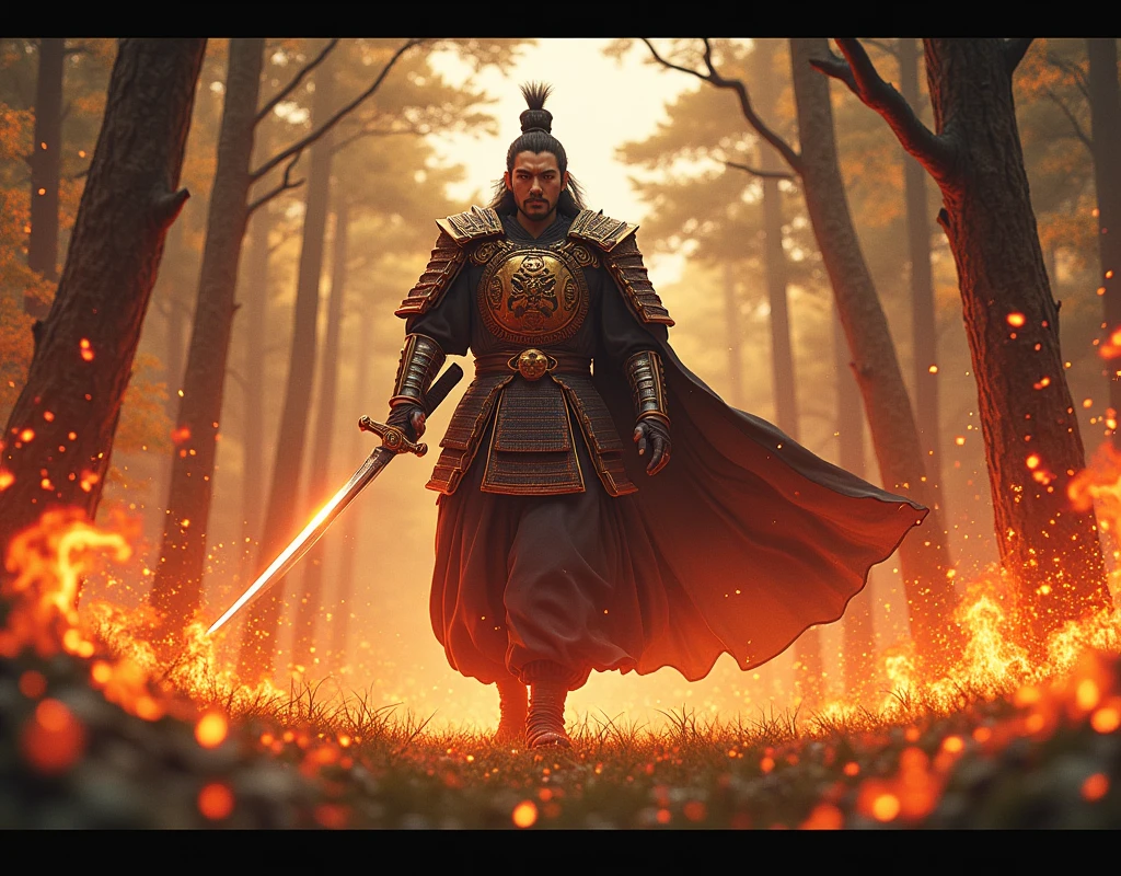  The Mightiest Hero in Japanese Mythology , Yamato Takeru Nomikoto , Emperor Yamato Takeru, At the field of Susukino,  who combs the fire with Kusanagi Sword , Kento Yamazaki,  top quality,  high image quality,  high definition , 8k wallpaper,  showing a forest of trees , 