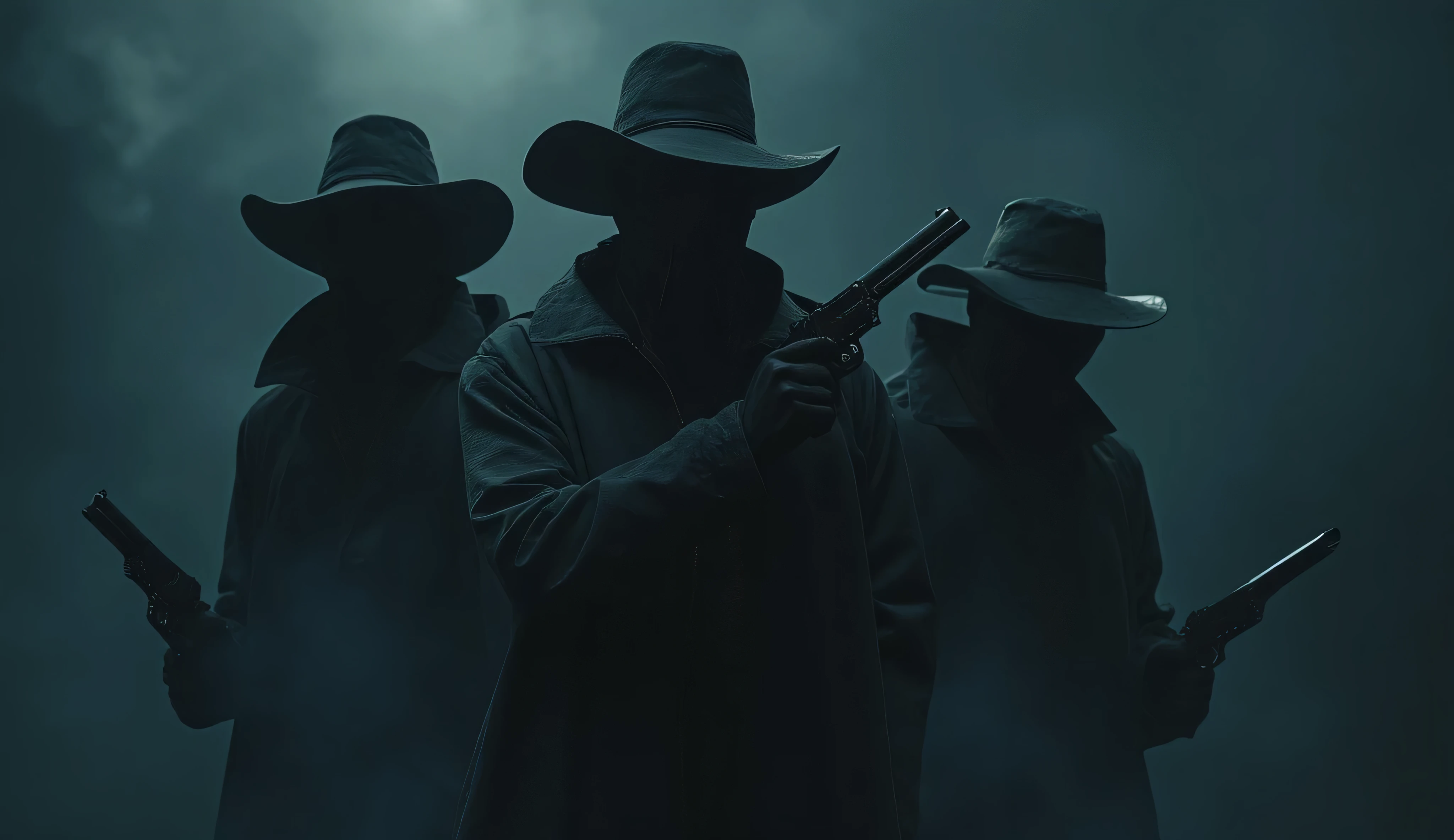 A grim trio of cowboys with revolvers. their faces are covered with black cloth masks covering the lower part of their faces. They are wearing black raincoats, black hats. Horror Thick fog. gloomy lighting. Night