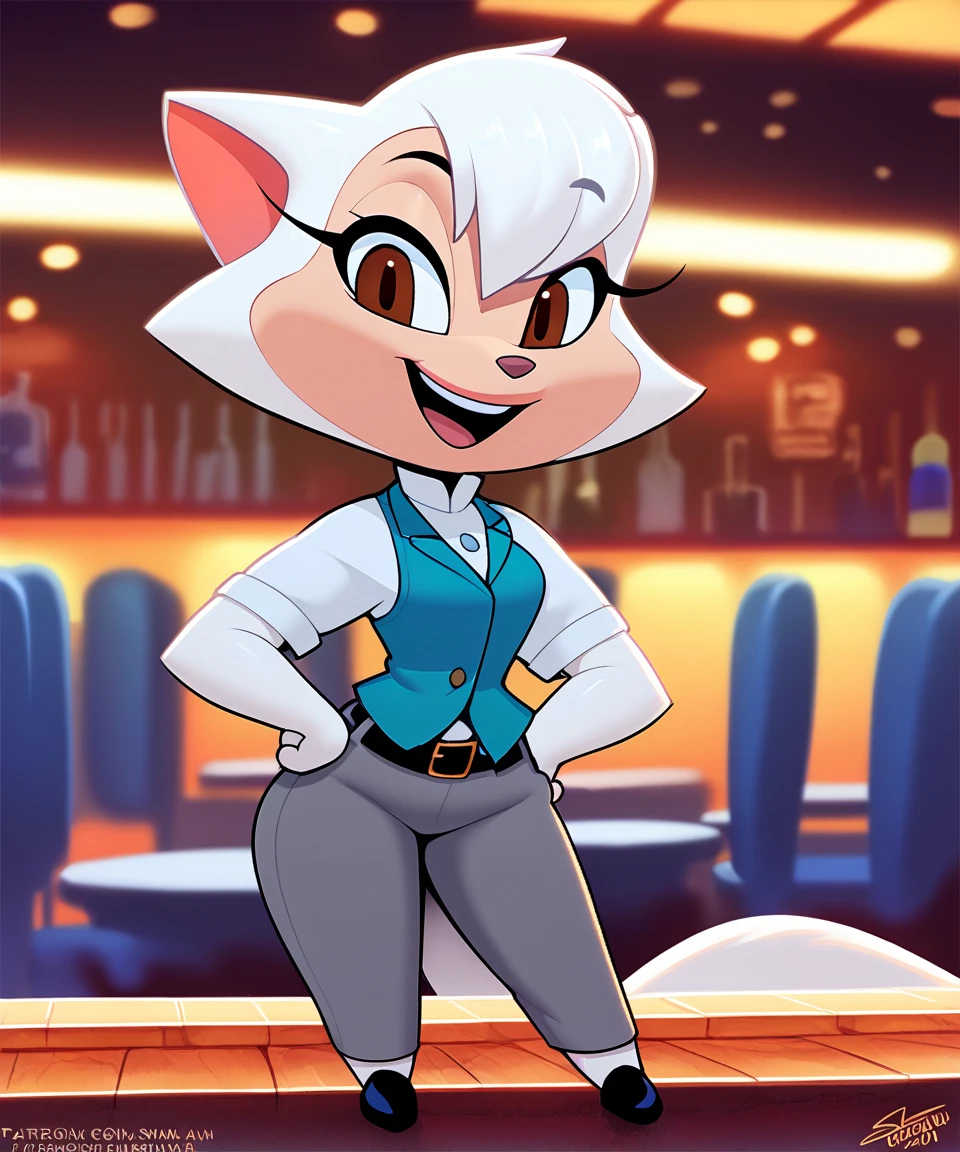 source_furry, solo, sawyer, female, brown eyes, open smile, looking at viewer, restaurant, white collared shirt, blue vest, black belt, gray pants, short sleeves, black shoes, eye lashes, smile, hands on hips, by sssonic2,by sigma_x,by kilinah, score_9, score_8_up, score_7_up, score_6_up, score_5_up, score_4_up