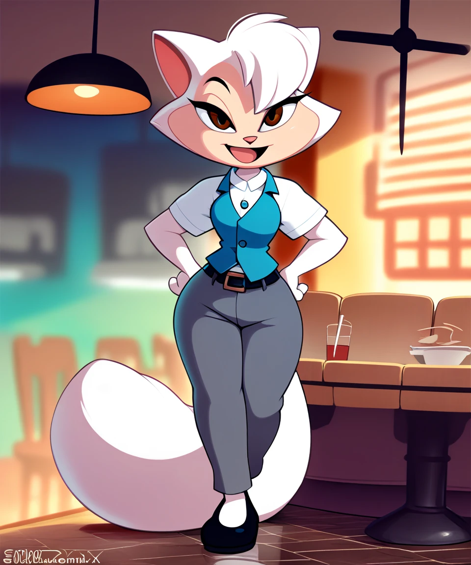 source_furry, solo, sawyer, female, brown eyes, open smile, looking at viewer, restaurant, white collared shirt, blue vest, black belt, gray pants, short sleeves, black shoes, eye lashes, smile, hands on hips, by sssonic2,by sigma_x,by kilinah, score_9, score_8_up, score_7_up, score_6_up, score_5_up, score_4_up