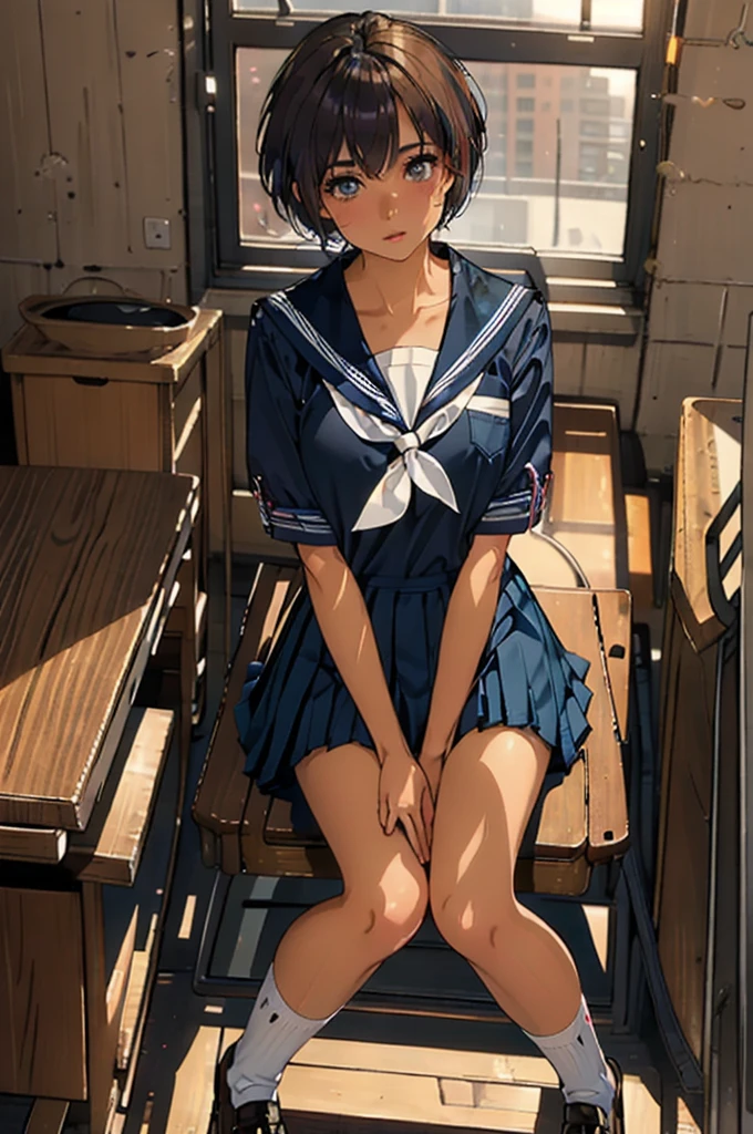 ((1 Japanese girl)), solo:1.9, alone:1.9, only one girl:1.9, 1 cute girl:1.9, 1 schoolgirl, (Japanese Girl:1.2), ((((school uniform, Navy jacket, white shirt, navy pleated skirt, white knee socks, black loafers)))), facing the camera,  perfect girl,  perfect face, shiny pink lips, expressive eyes, eyeshadow, eyeliner, (Huge natural breasts:1.3),  thin waist, Wheat skin:1.5, tanned skin:1.5, light brown hair, ((( very short hair ))), ((( pixie cut ))), for moles under eyes, Eyeball, ( embarrassing:1.2,  Upturned eyes ), class room, sit on school chair, whole body, From above, ultra high resolution, Accurate, Attention to Details, high quality, masterpiece, Anatomically accurate, biomechanically accurate, wrinkled skin, super detail, high quality, 