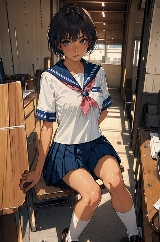 ((1 Japanese girl)), solo:1.9, alone:1.9, only one girl:1.9, 1 cute girl:1.9, 1 girl, (Japanese Girl:1.2), ((((school uniform, Navy jacket, white shirt, navy pleated skirt, white knee socks, black loafers)))), facing the camera,  perfect girl,  perfect face, shiny pink lips, expressive eyes, eyeshadow, eyeliner, (Huge natural breasts:1.3),  thin waist, Wheat skin:1.5, tanned skin:1.5, light brown hair, ((( very short hair ))), ((( pixie cut ))), for moles under eyes, Eyeball, ( embarrassing:1.2,  Upturned eyes ), class room, sit on school chair, whole body, From above, ultra high resolution, Accurate, Attention to Details, high quality, masterpiece, Anatomically accurate, biomechanically accurate, wrinkled skin, super detail, high quality, 