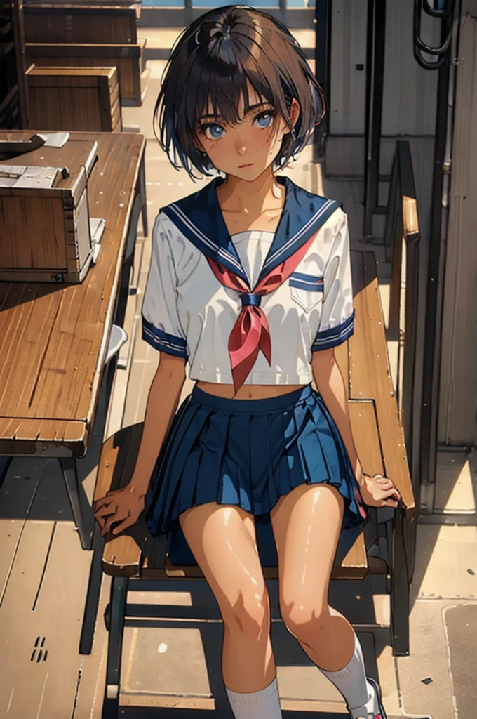 ((1 Japanese girl)), solo:1.9, alone:1.9, only one girl:1.9, 1 cute girl:1.9, 1 schoolgirl, (Japanese Girl:1.2), ((((school uniform, Navy jacket, white shirt, navy pleated skirt, white knee socks, black loafers)))), facing the camera,  perfect girl,  perfect face, shiny pink lips, expressive eyes, eyeshadow, eyeliner, (Huge natural breasts:1.3),  thin waist, Wheat skin:1.5, tanned skin:1.5, light brown hair, ((( very short hair ))), ((( pixie cut ))), for moles under eyes, Eyeball, ( embarrassing:1.2,  Upturned eyes ), class room, sit on school chair, whole body, From above, ultra high resolution, Accurate, Attention to Details, high quality, masterpiece, Anatomically accurate, biomechanically accurate, wrinkled skin, super detail, high quality, 