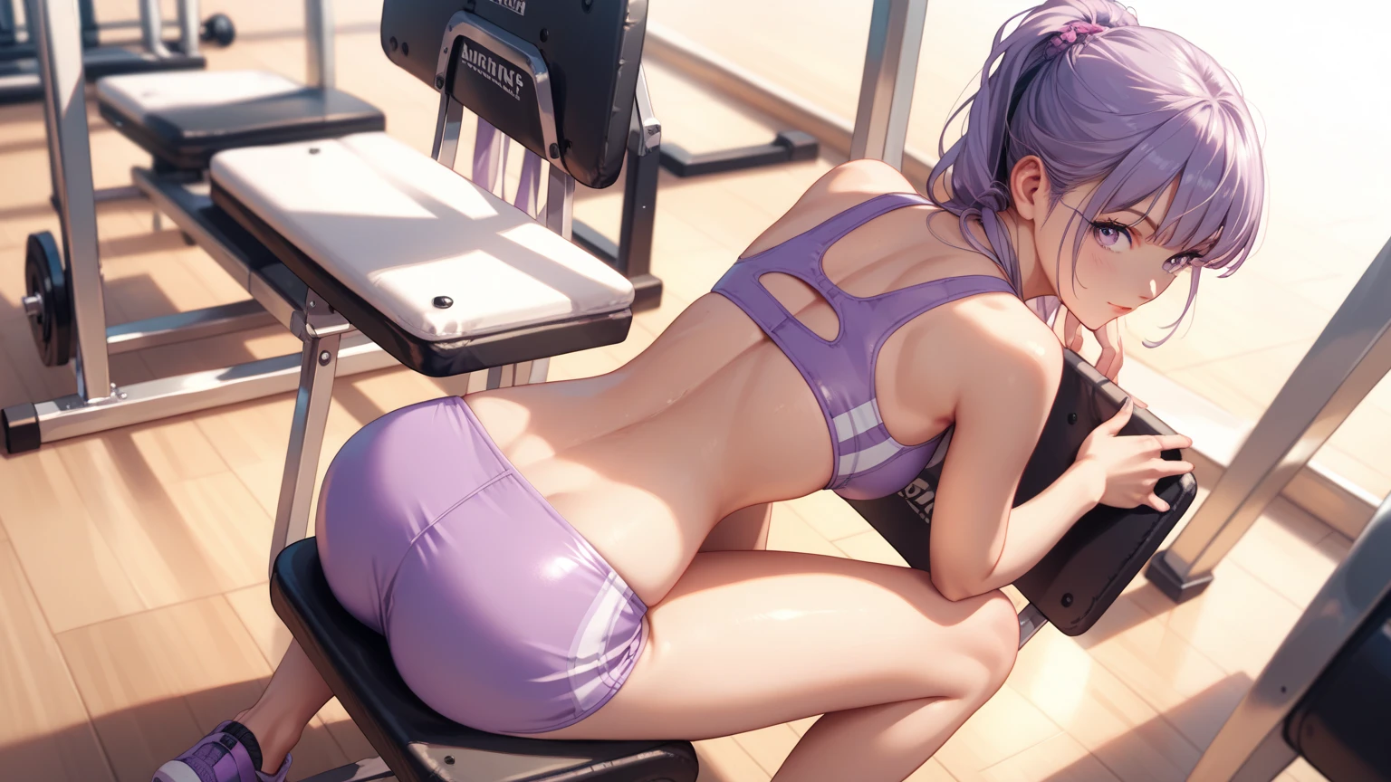 rating_safe, score_9, score_8_up, score_7_up, source_anime, masterpiece, best quality, solo, 1girl, (she is wearing pastel purple sports bikini),  (she sitting on the chair, looking back, view from above), on the gym