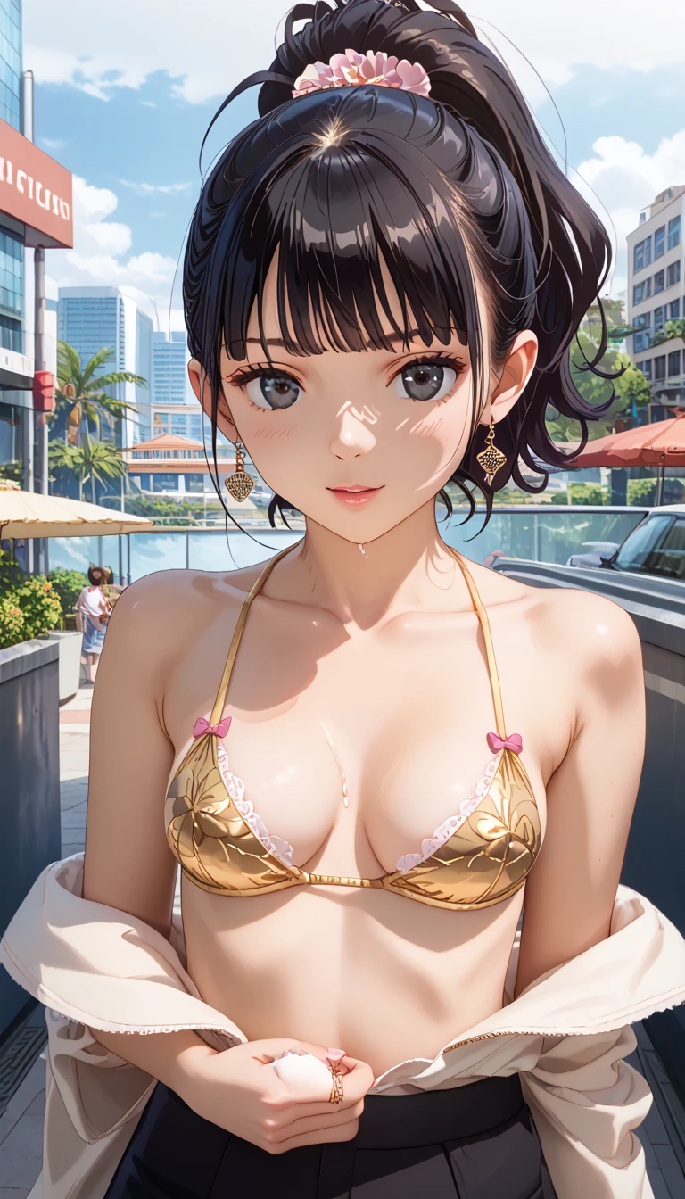 ((Anime style)), ((anime design)), (Cg anime style), ( best quality ), 1 girl,(Art work,  best quality :1.4), (beautiful, aesthetics,  , Delicate, intricate:1.2),  perfect human anatomy 、distinct、woman、 Beige Underwear、blouse、voluminous breasts,   black hair、 ponytail 、 dark eyes、Are skinny 、, HDA_LiftingPelvicCurtainXL