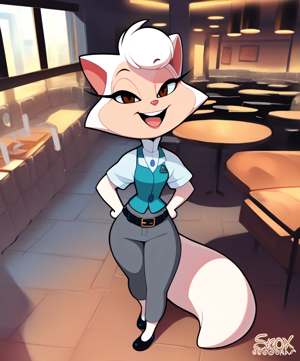 source_furry, solo, sawyer, female, brown eyes, open smile, looking at viewer, restaurant, white collared shirt, blue vest, black belt, gray pants, short sleeves, black shoes, eye lashes, smile, hands on hips, by sssonic2,by sigma_x,by kilinah, score_9, score_8_up, score_7_up, score_6_up, score_5_up, score_4_up