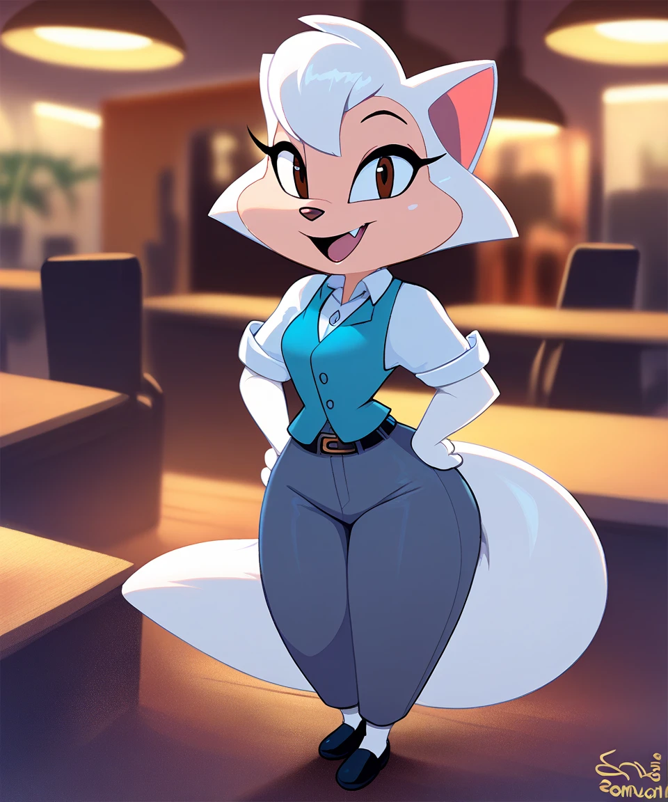 source_furry, solo, sawyer, female, brown eyes, open smile, looking at viewer, restaurant, white collared shirt, blue vest, black belt, gray pants, short sleeves, black shoes, eye lashes, smile, hands on hips, by sssonic2,by sigma_x,by kilinah, score_9, score_8_up, score_7_up, score_6_up, score_5_up, score_4_up