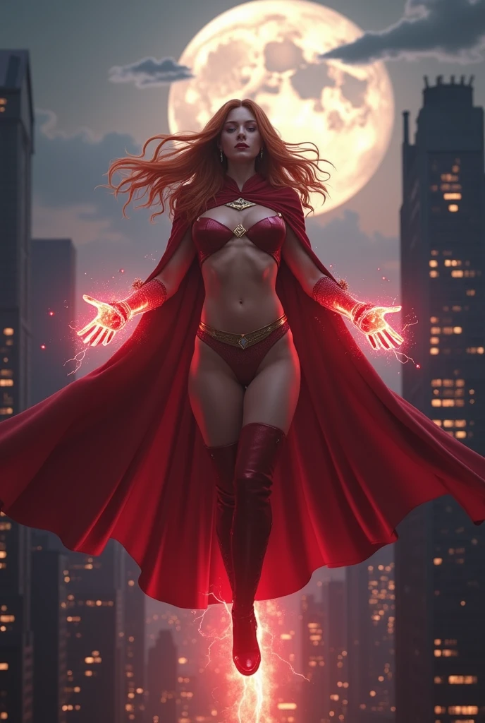 (full body shot:1.1) photorealistic image of a woman, ultrarealistic, photography, long red hair, girl, 24 years old, hourglass figure, perfect body, Flirty look, extremely detailed artgerm, in the style artgerm, facing the camera, lens 35 mm, blur background, scarlet witch red cosplay, floating high in the air, red electric glowing hands, sparkling with red electricity, outside in dark clouds, clouds with blue electricity, full body, full body pic (full body) (full body portrait), show her from head to toe, she is wearing red knee high boots with gold soles, destroyed and burning buildings down on the ground, camera is high in the air, looking down on the ground