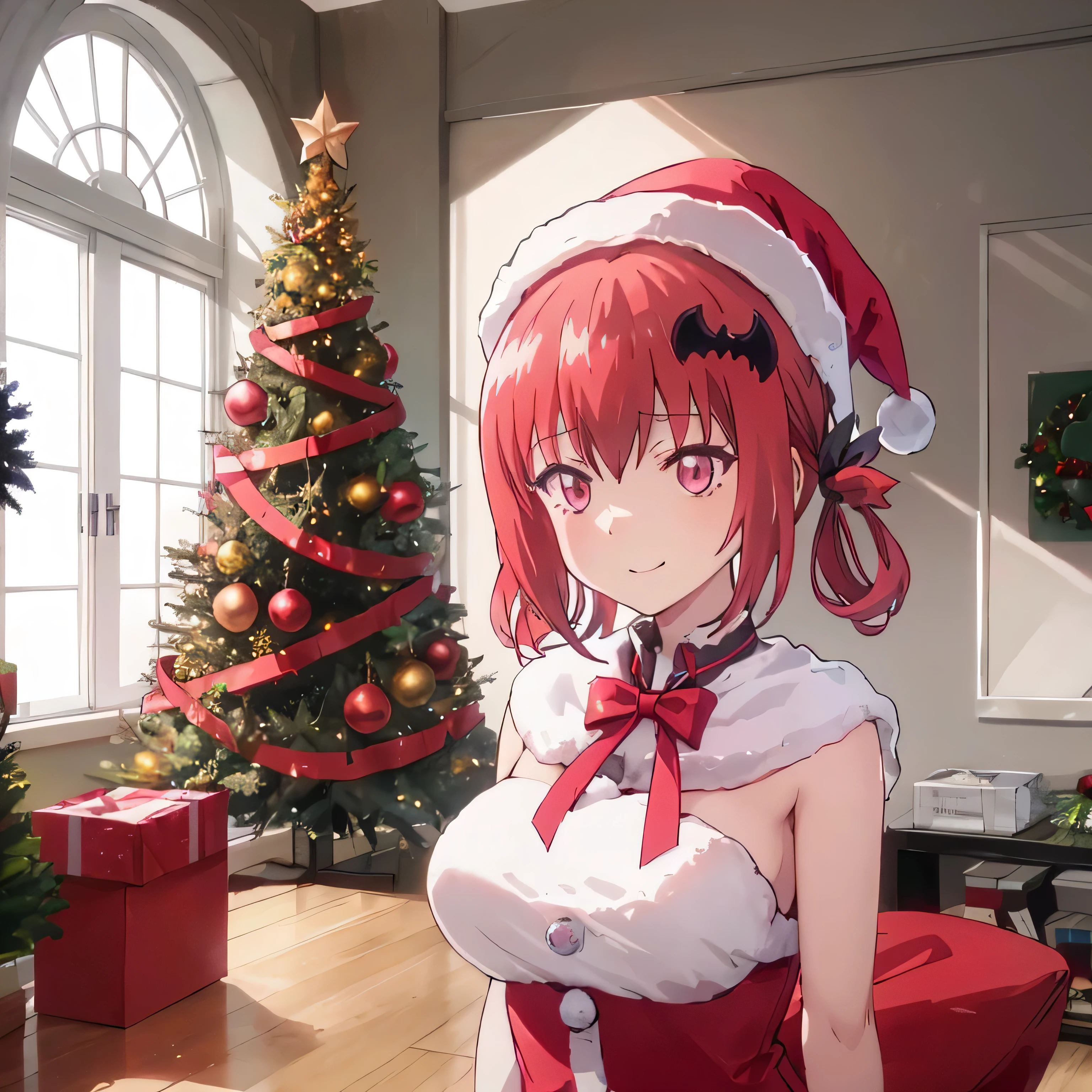 stanza 
Night time 
Being next door, beautiful Christmas tree

Satanichia McDowell
dressed casually and beautifully 
With a Christmas costume


Magenta eyes
Semi-long red hair
tied with 2 pigtails

detailed hands and arms 

beautiful lonely girl with a beautiful smile 
Gentle look, Christmas hat 