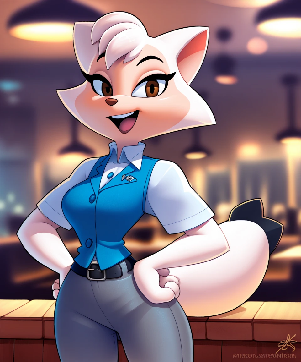 source_furry, solo, sawyer, female, brown eyes, open smile, looking at viewer, restaurant, white collared shirt, blue vest, black belt, gray pants, short sleeves, black shoes, eye lashes, smile, hands on hips, half body, by sssonic2,by sigma_x,by kilinah, score_9, score_8_up, score_7_up, score_6_up, score_5_up, score_4_up