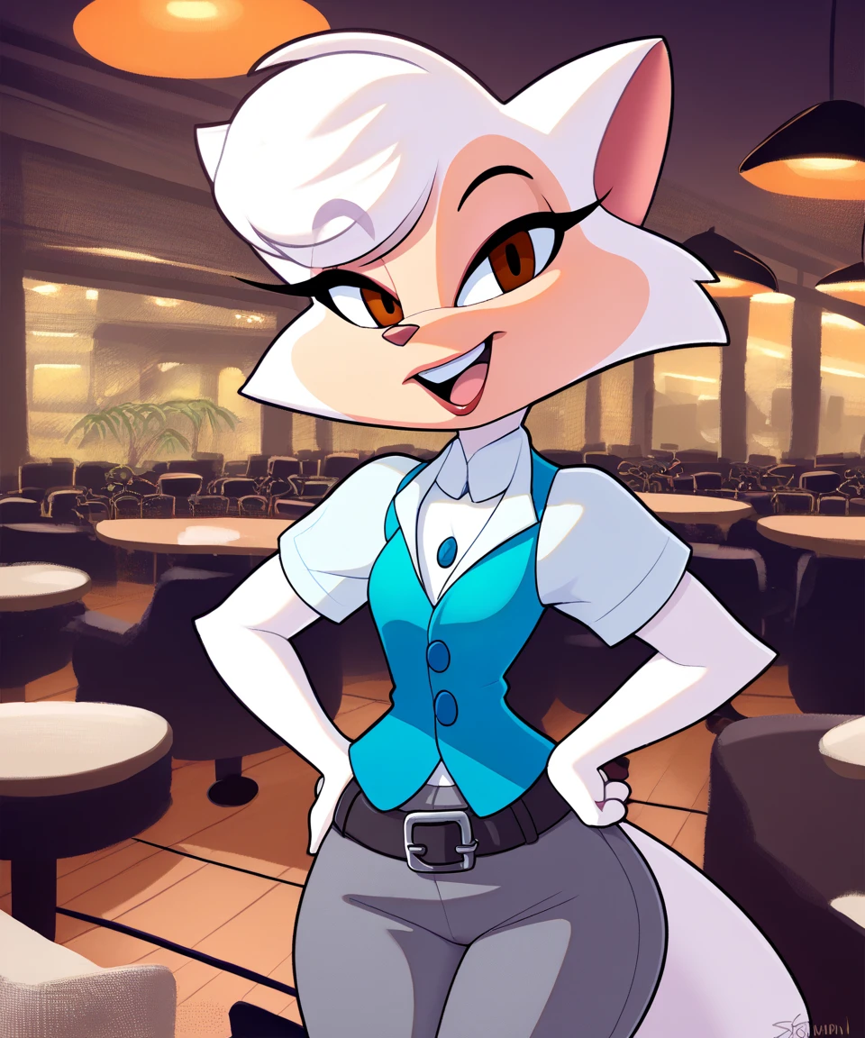 source_furry, solo, sawyer, female, brown eyes, open smile, looking at viewer, restaurant, white collared shirt, blue vest, black belt, gray pants, short sleeves, black shoes, eye lashes, smile, hands on hips, half body, by sssonic2,by sigma_x,by kilinah, score_9, score_8_up, score_7_up, score_6_up, score_5_up, score_4_up