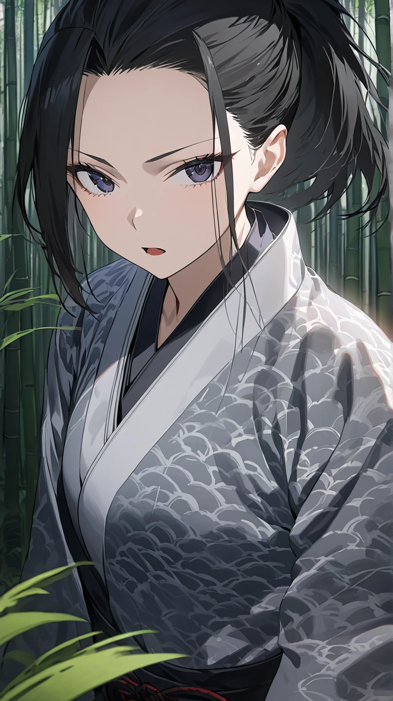  top quality, masterpiece,  high definition , masterpiece, 
Eight million,  1 girl,  close-up ,  dark eyes,  black hair,   ponytail,  long hair,  's hair was pulled back by fajyobore , , Alone, looking at viewer,Bamboo forest background , in the middle of the night,Up to the thighs, dark eyes, Slender,Slightly toned body ,up to the knee
Open your mouth slightly , chest,A little glare, and look
Kimono with a cloud pattern ,Samurai girl,身体中にKatanaを身につけている,Katana,肌が露出した部分からKatanaを複数生成している, 肌が露出した部分からKatanaが生えている,Katana(鞘から抜いたbladeがむき出しの状態),身体から無数のbladeが生えている,体から生えた無数のbladeは着物を突破って出ている,blade(Katanaの刀身),全身からbladeが突き出ている
