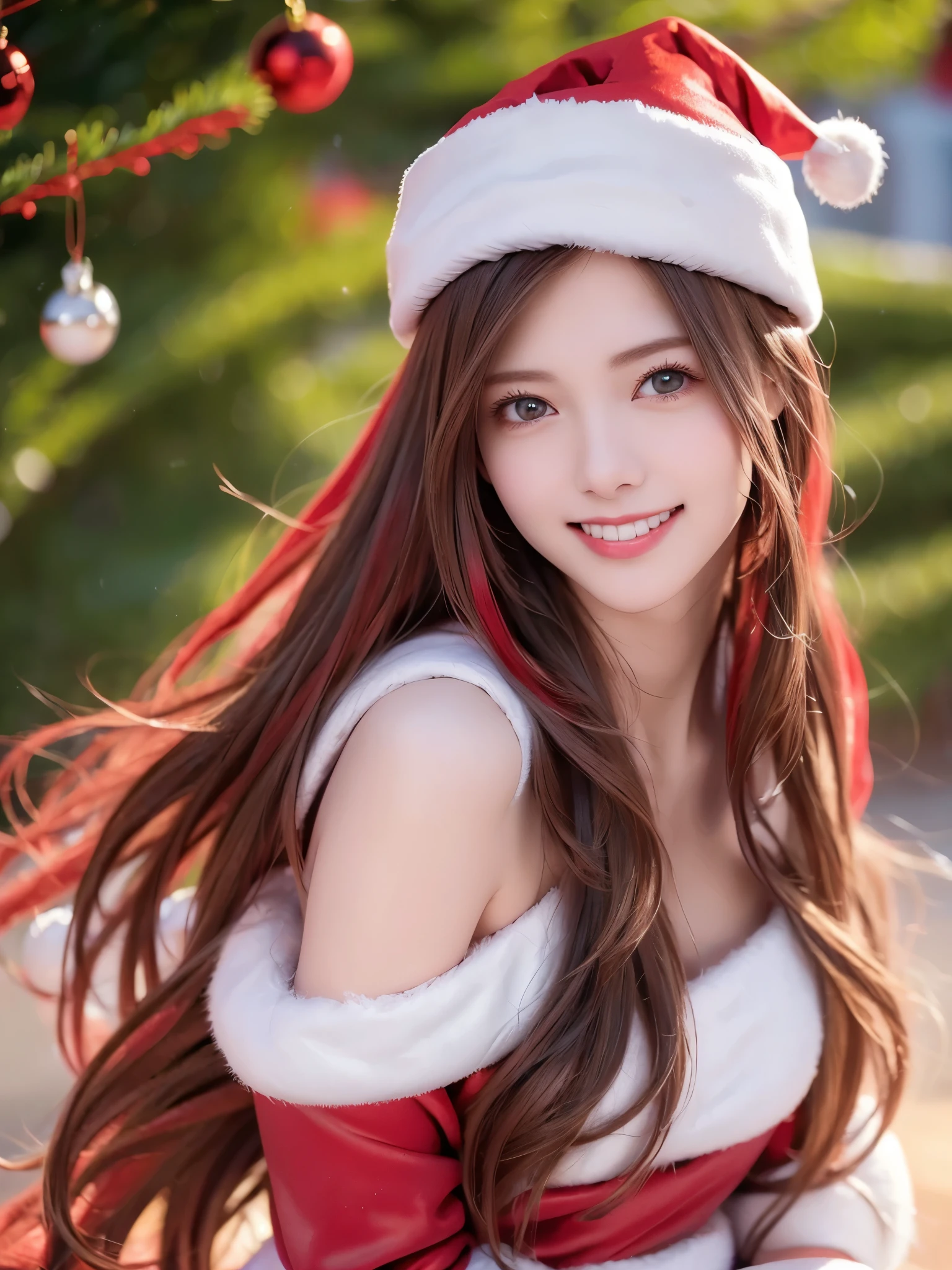 top quality、 super high resolution 、(Photographically: 1.4)、 beautiful eyes、 very beautiful 、 shiny hair 、Thin hair、 Merry Christmas 、 Christmas tree、smile、(( red Santa Claus costume 、Santa hat、Forehead))