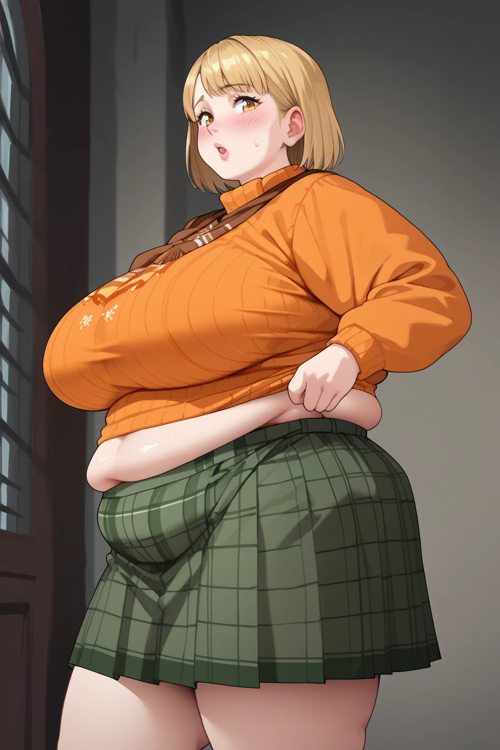 Ashley Graham , ashley graham,　 shortcuts,　 orange sweater ,  miniskirt,  green plaid skirt,  Long Sleeve ,  yellow eyes, Thighs,  Golden Hair ,  score_9,   score_8_up,   score_7_up,   score_6_up,   score_5_up,   score_4_up,     Masterpiece  ,   top quality,   Very Aesthetic,   absurd,   source_Anime, Anime screencap,   one woman , Alone,  personal  ,  Super huge breasts, ((( super huge clevis, Super huge , Super huge boob))), Curvy,  chubby, Mature Woman,  obese body type, blush,  troubled expression,  belly fat sticking out of clothes,　 sloppy stomach , A woman wearing a skirt , puzzled expressions,