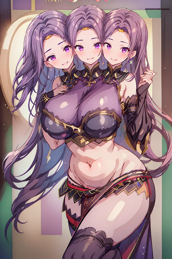 (masterpiece, best quality), best resolution, (3heads:2.0), 1girl, dark violet hair, long flowing hair, smiling, seductive smile, smirk, open belly, dark purple crop top, dark purple miniskirt, open breasts, very huge tits, sexy pose, alluring presence, violet eyes, very detailed eyes, dressed up as a belly dancer, 
