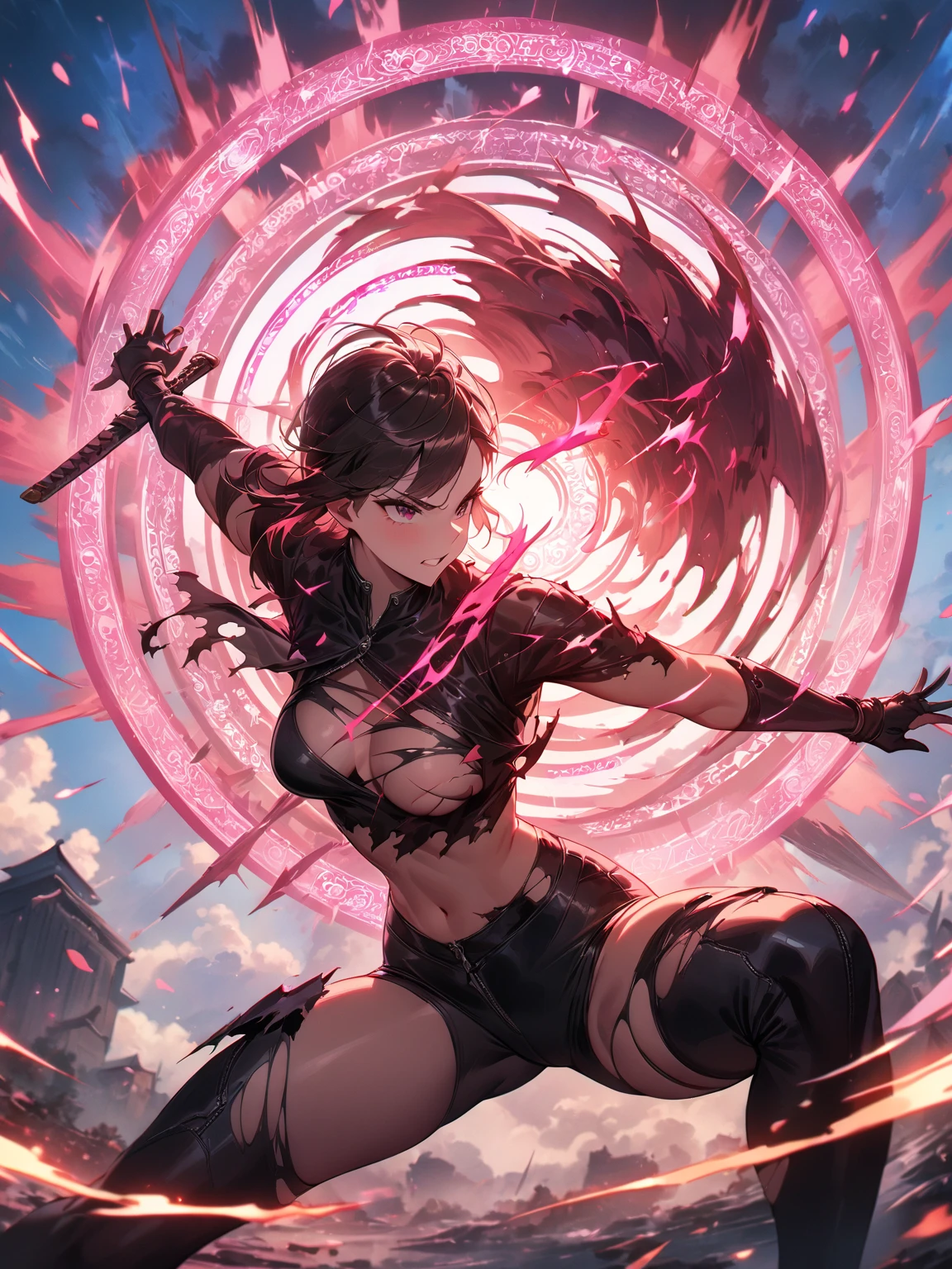 (((((a single woman))))), (((Rockeira))), (((lip piercing))), (((Large flare on lobes))), Roupa de banda na cor preto, wearing a jacket but not a t-shirt, (((Cabelo rosa no estilo emo girl))), medium breasts, (((pulseira com spikes))), brass knuckles necklace, ((((tatuagem na barriga escrito SENTIINEL cor vermelha)))), (((Torn pants))), ((((tattoos on arms and face))))