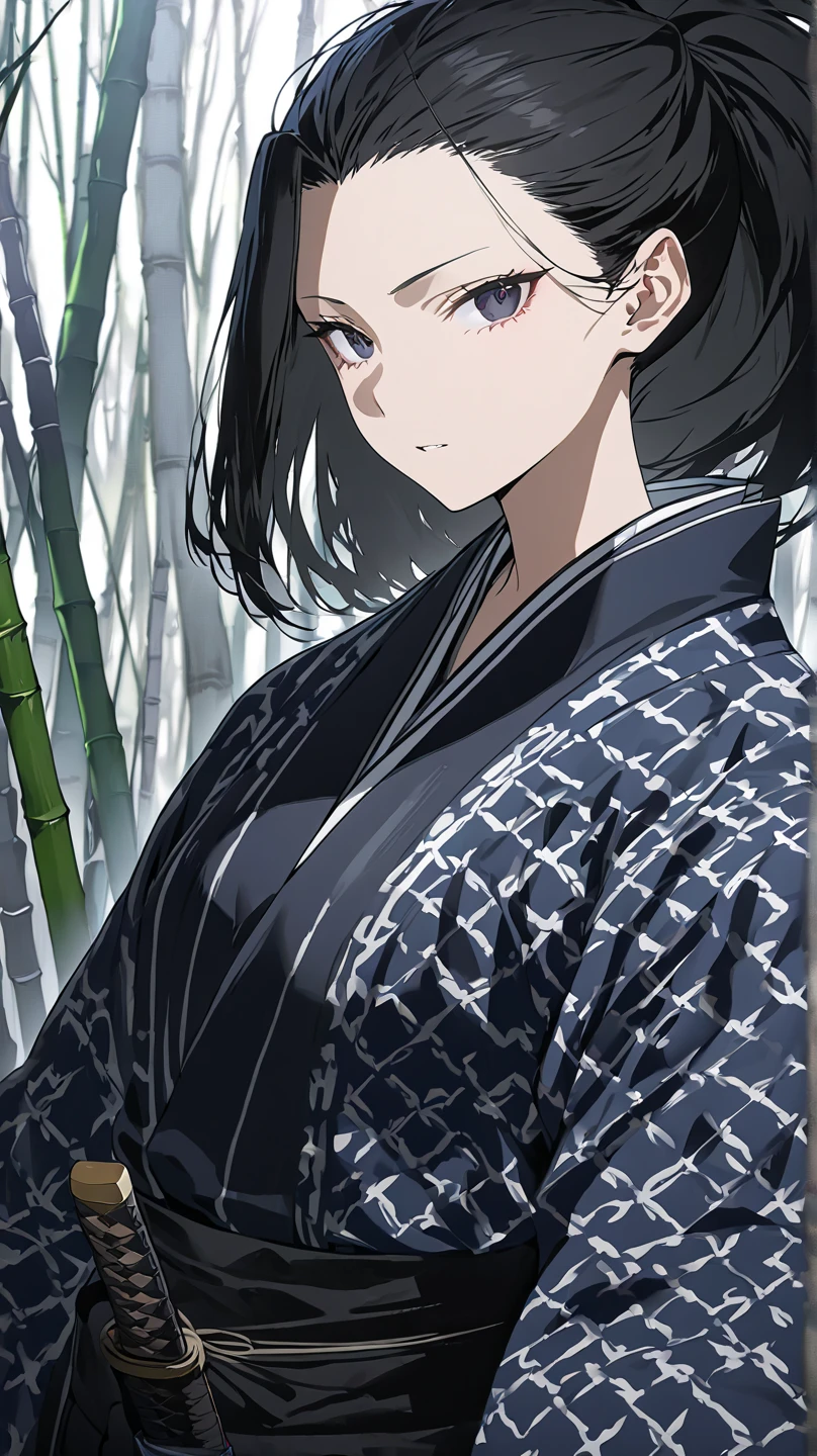  top quality, masterpiece,  high definition , masterpiece, 
Eight million,  1 girl,  close-up ,  dark eyes,  black hair,   ponytail,  long hair,  's hair was pulled back by fajyobore , , Alone, looking at viewer,Bamboo forest background , in the middle of the night,Up to the thighs, dark eyes, Slender,Slightly toned body ,Up to the knees,少し大きなchest
口を少し開ける, chest,A little glare, and look
Kimono with a cloud pattern ,Samurai girl,身体中にKatanaを身につけている,Katana,肌が露出した部分からKatanaを複数生成している, 肌が露出した部分からKatanaが生えている,Katana(鞘から抜いたbladeがむき出しの状態),身体から無数のbladeが生えている,体から生えた無数のbladeは着物を突破って出ている,blade(Katanaの刀身),全身からbladeが突き出ている
