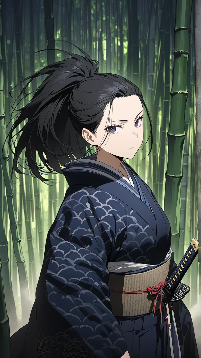  top quality, masterpiece,  high definition , masterpiece, 
Eight million,  1 girl,  close-up ,  dark eyes,  black hair,   ponytail,  long hair,  's hair was pulled back by fajyobore , , Alone, looking at viewer,Bamboo forest background , in the middle of the night,Up to the thighs, dark eyes, Slender,Slightly toned body ,Up to the knees,少し大きなchest
口を少し開ける, chest,A little glare, and look
Kimono with a cloud pattern ,Samurai girl,身体中にKatanaを身につけている,Katana,肌が露出した部分からKatanaを複数生成している, 肌が露出した部分からKatanaが生えている,Katana(鞘から抜いたbladeがむき出しの状態),身体から無数のbladeが生えている,体から生えた無数のbladeは着物を突破って出ている,blade(Katanaの刀身),全身からbladeが突き出ている
