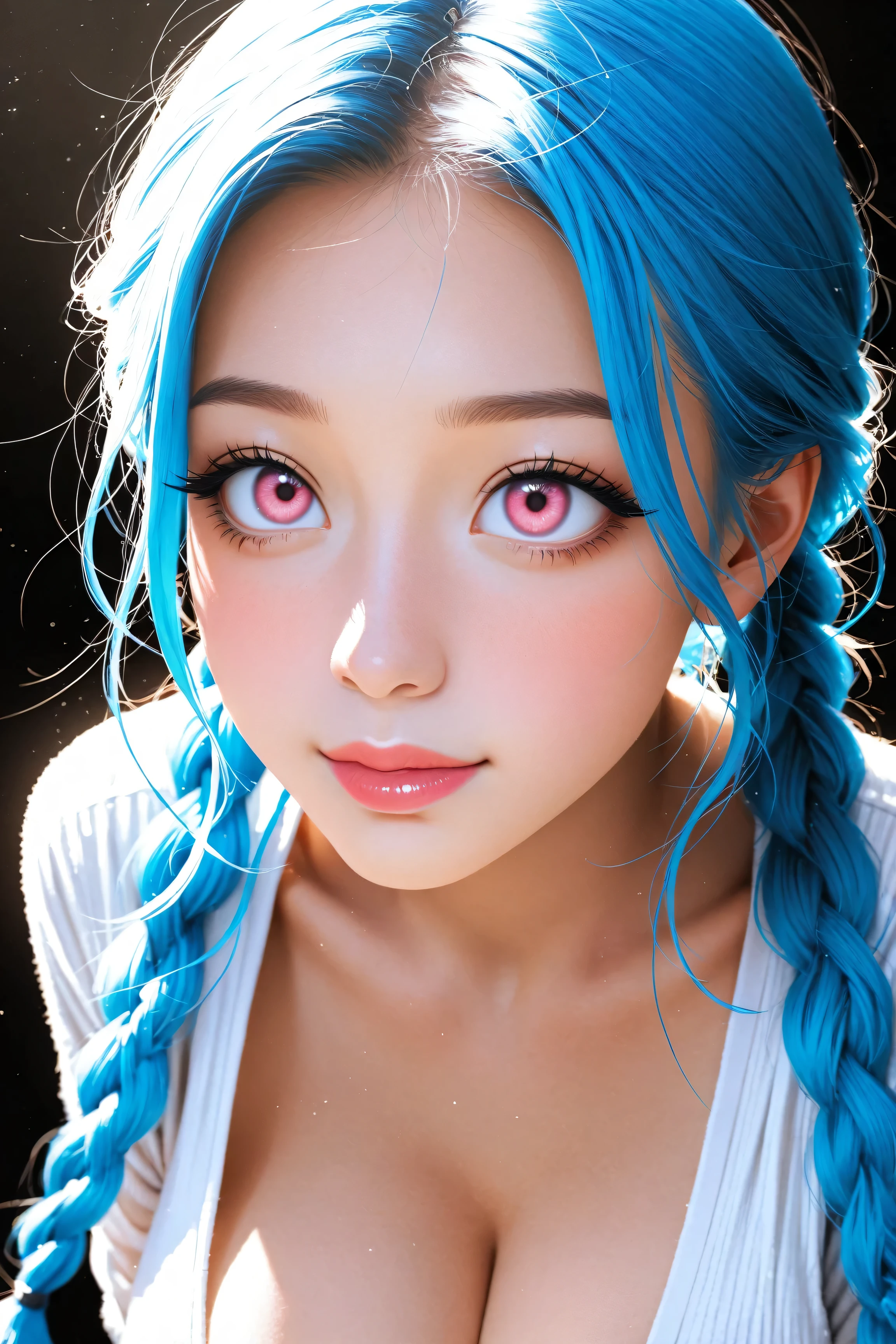 asian teen, blue hair, braids, pink eyes, very beautiful face, young, kawaii, realistic photo, high quality, perfect anatomy, cool beauty, long eyelashes, 8K, best quality, masterpiece、high resolution、very cute and beautiful, ultra-detailed face, detailed eyes, Cinema Lighting, natural, large breasts, cleavage, colorful alternative harujuku fashion, kpop superstar, manga, anime, hyperreal, ultra detailed, 16k, black background, 