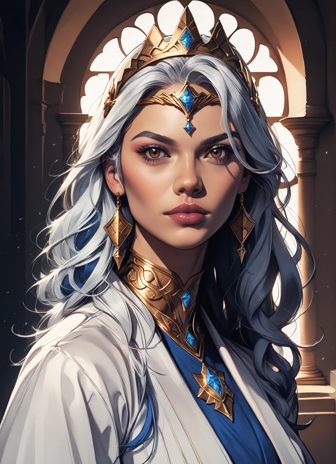 highest quality, masterpiece, 8k, Realistic, High resolution, Intricate details, photorealistic, cinematic lighting,(fantasy art:1.6), (seiza:1.1), (frontal:1.2) very delicate and adult beautiful woman, Arabian princess, white silk robe, Gorgeous long Dress, Crown, Shining Jewel, black hair, brown eyes, dark glowing skin, straight hair, Arabic Palace Desert Gardens (closeup, portrait shot), (solo), realistic, depth of field, A delicate tiara, Silk gloves, Embroidered gown, royal coat of arms, (Gold Jewelry)