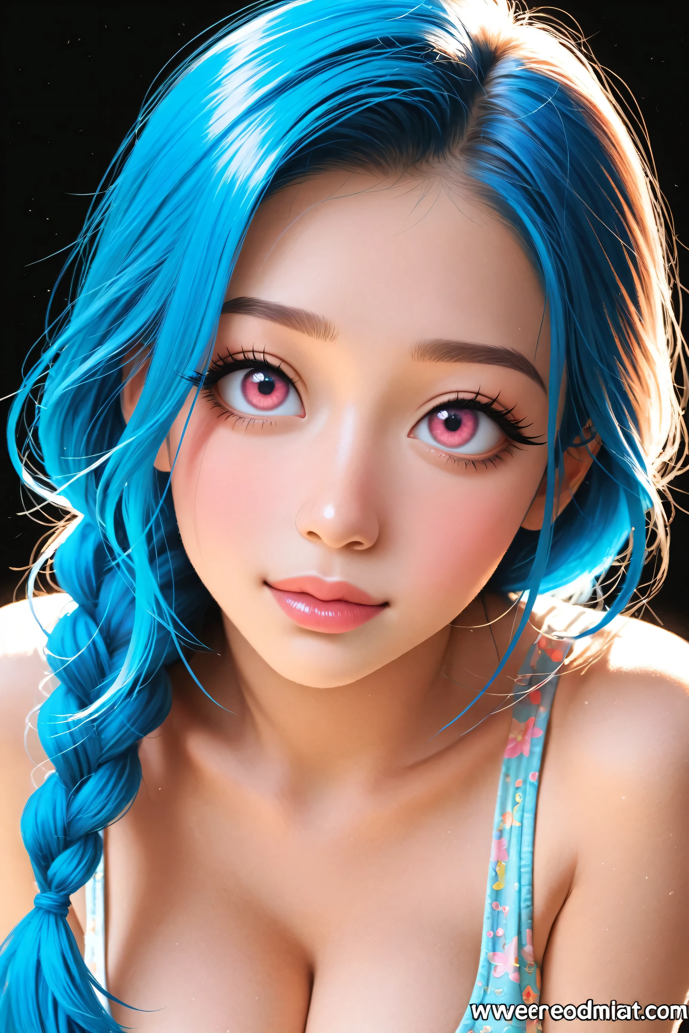 asian teen, blue hair, braids, pink eyes, very beautiful face, young, kawaii, realistic photo, high quality, perfect anatomy, cool beauty, long eyelashes, 8K, best quality, masterpiece、high resolution, very cute and beautiful, ultra-detailed face, detailed eyes, soft lighting, large breasts, cleavage, colorful alternative harujuku fashion, kpop superstar, manga, anime, hyperreal, ultra detailed, 16k, black background, 