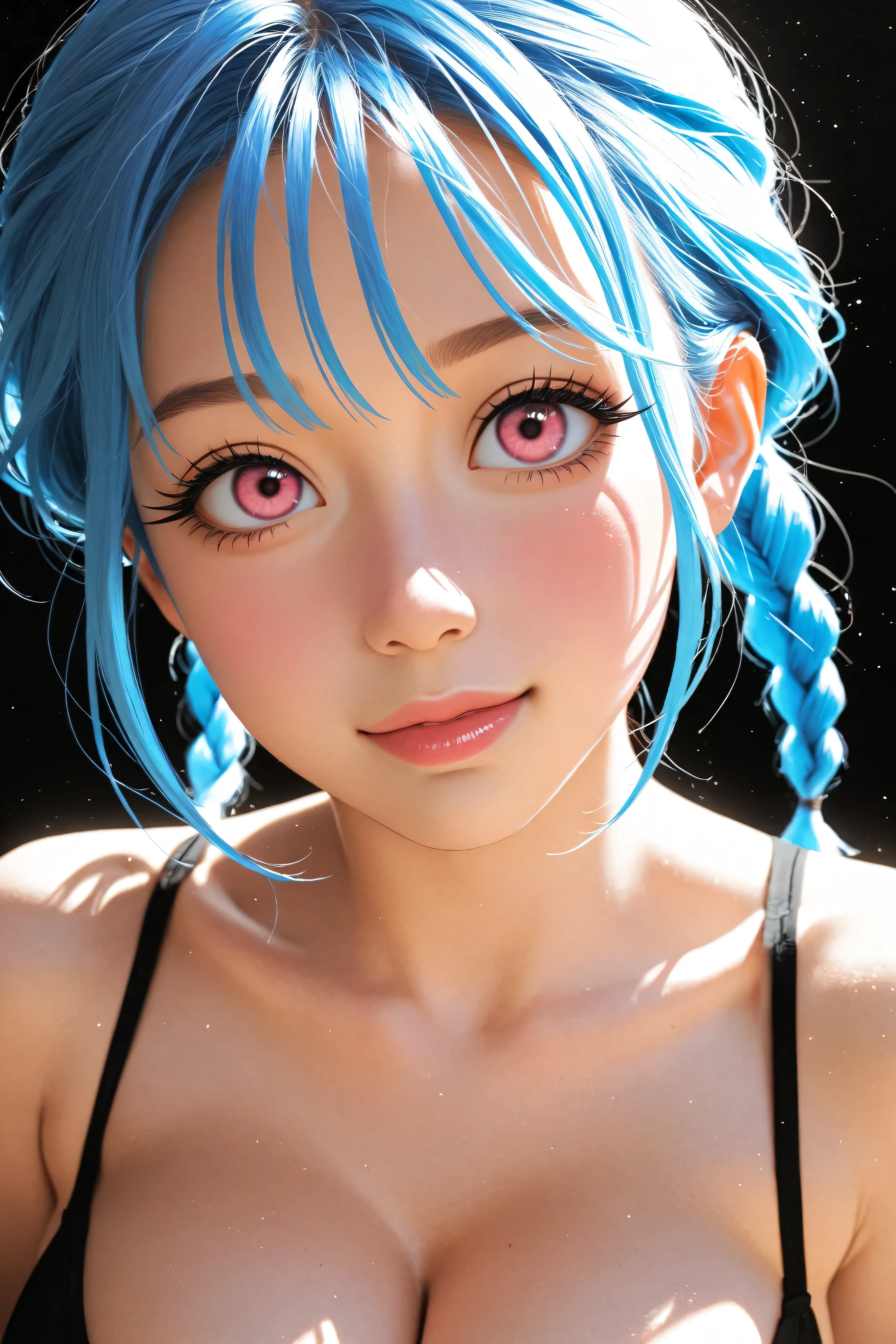 asian teen, blue hair, braids, pink eyes, very beautiful face, young, kawaii, realistic photo, high quality, perfect anatomy, cool beauty, long eyelashes, 8K, best quality, masterpiece、high resolution, very cute and beautiful, ultra-detailed face, detailed eyes, soft lighting, large breasts, cleavage, colorful alternative harujuku fashion, kpop superstar, manga, anime, hyperreal, ultra detailed, 16k, black background, 