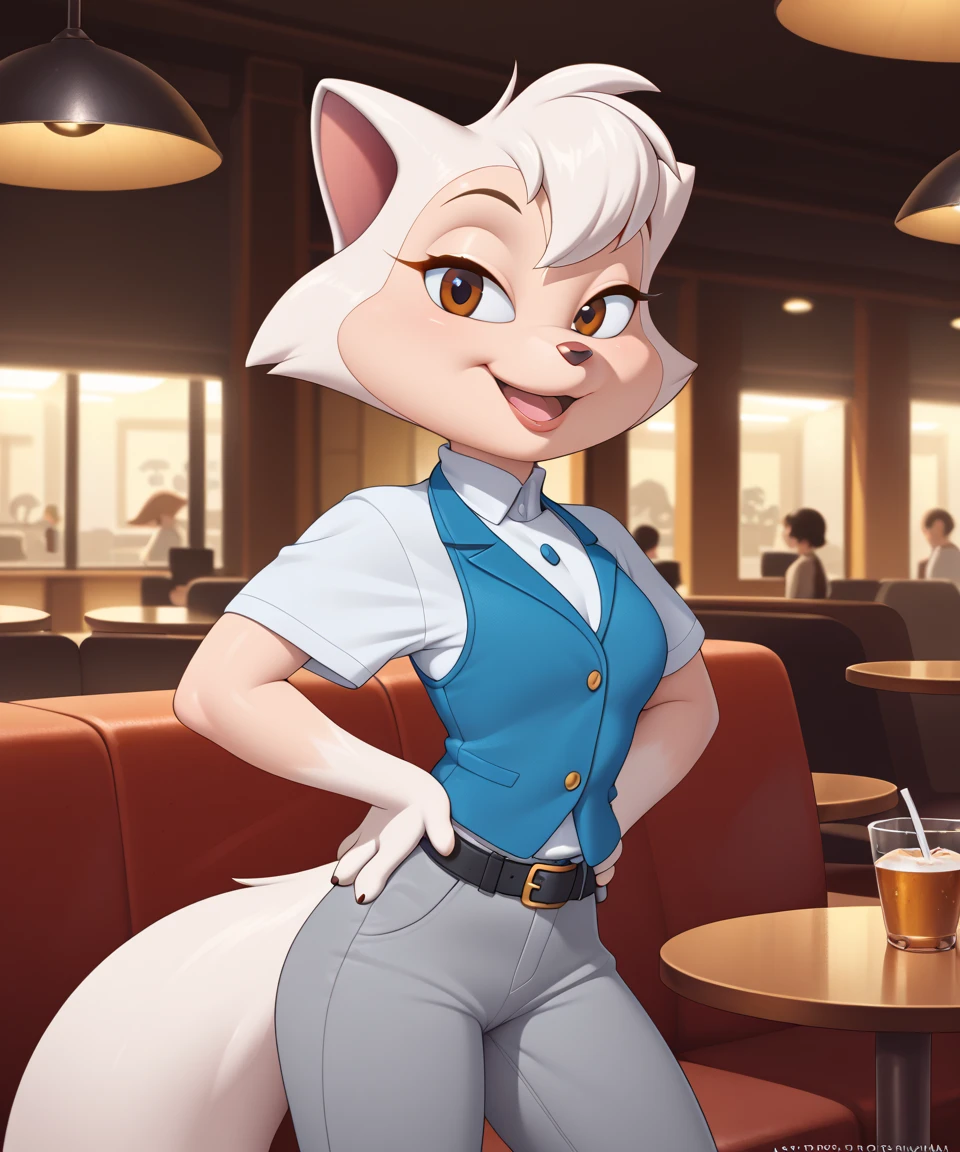 source_furry, solo, sawyer, female, brown eyes, open smile, looking at viewer, restaurant, white collared shirt, blue vest, black belt, gray pants, short sleeves, black shoes, eye lashes, smile, hands on hips, half body, by sssonic2,by sigma_x,by kilinah, score_9, score_8_up, score_7_up, score_6_up, score_5_up, score_4_up