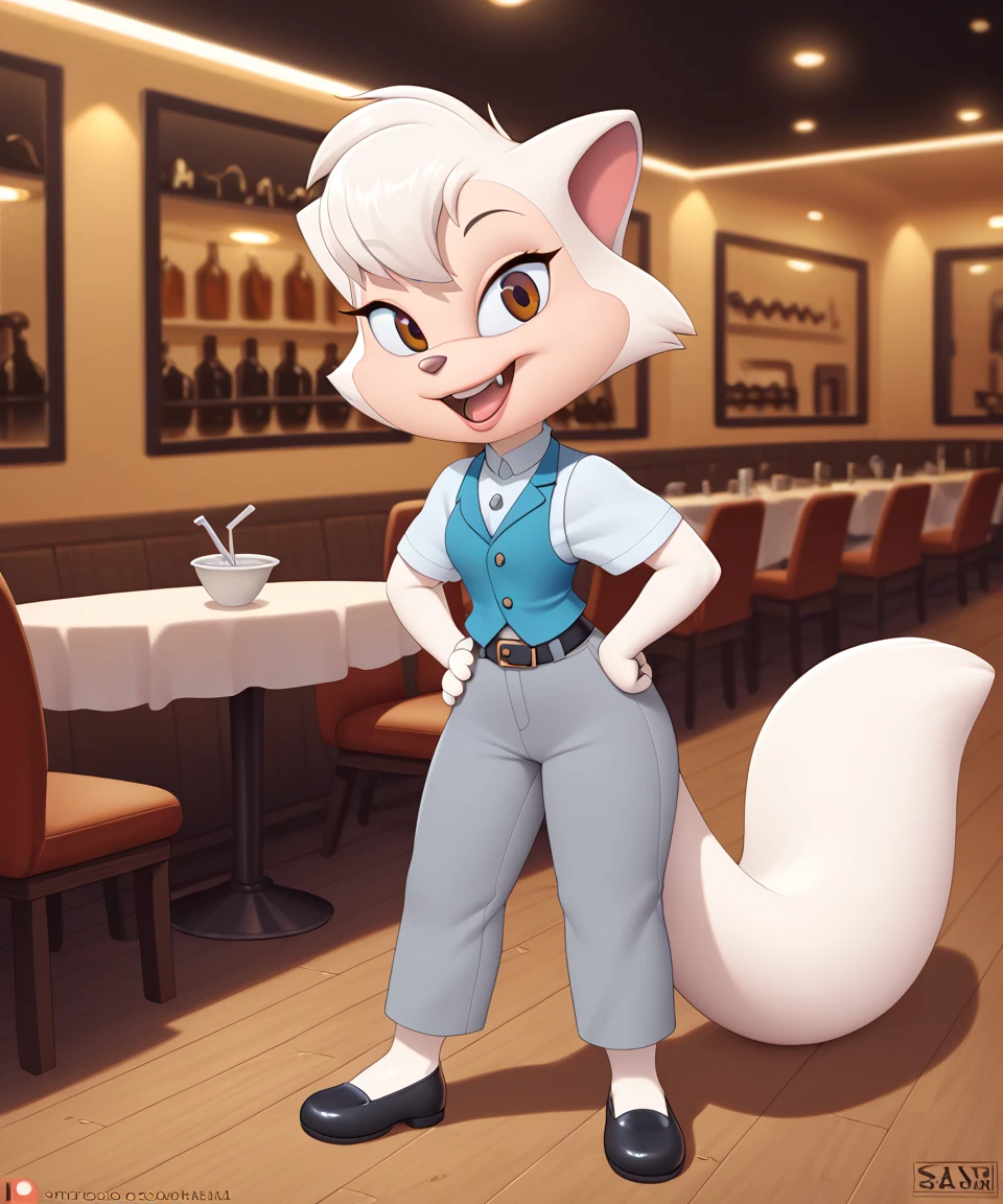 source_furry, solo, sawyer, female, brown eyes, open smile, looking at viewer, restaurant, white collared shirt, blue vest, black belt, gray pants, short sleeves, black shoes, eye lashes, smile, hands on hips, half body, by sssonic2,by sigma_x,by kilinah, score_9, score_8_up, score_7_up, score_6_up, score_5_up, score_4_up