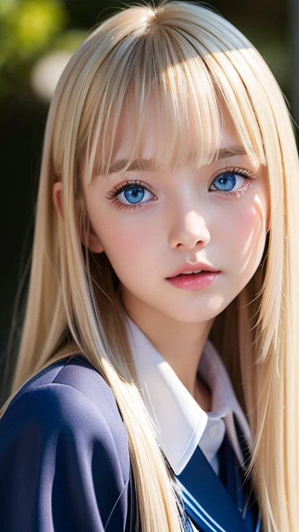  portrait、( school uniform )、young, shiny, very white, bright glossy skin、The best baby face looks、Bite your hair、、Blonde reflection、 natural platinum blonde hair with dazzling highlights 、 shiny bright hair ,、 Smooth, Super Long, Super Long Straight Hair 、Shiny, beautiful bangs、Bangs between the eyes、 bangs over eyes 、Bangs above the face、Big, shining, clear, incredibly bright, sky blue eyes、 Very Big Eyes 、very beautiful lovely cute  girl 、Ample Bust、With slit、((I could see the whole body))、Small Face Beauty、Round face、 cheek gloss highlights、