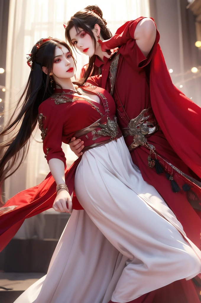 best quality, masterpiece, highres, official art, extremely detailed cg unity 8k wallpaper, jiapliqiao, 1girl, long hair, 1girl, jewelry, solo, earrings, red lips, hair ornament, makeup, realistic, red dress, necklace, (((full body))), ((sinister smile)), ((dancing)), her back is to the audience