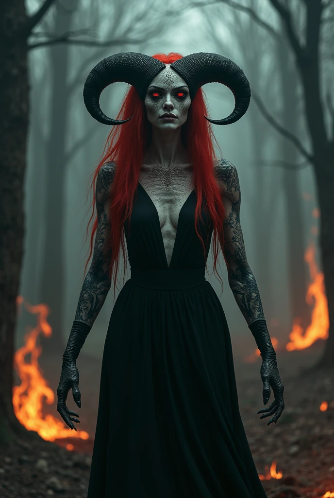 A woman with red lizard hair and eyes with white skin but with scales and big nails TERROR who is crying in the forest full of fire
Eyes only lizard eyes not the whole face BUT MORE TERRIFYING
Black cover with two large horns
But with red hair and in a black dress
Yes but with normal ears wearing a covered dress that looks like a human but with reptilian eyes
Wearing a BLACK dress WITHOUT SHOWING THE CHEST