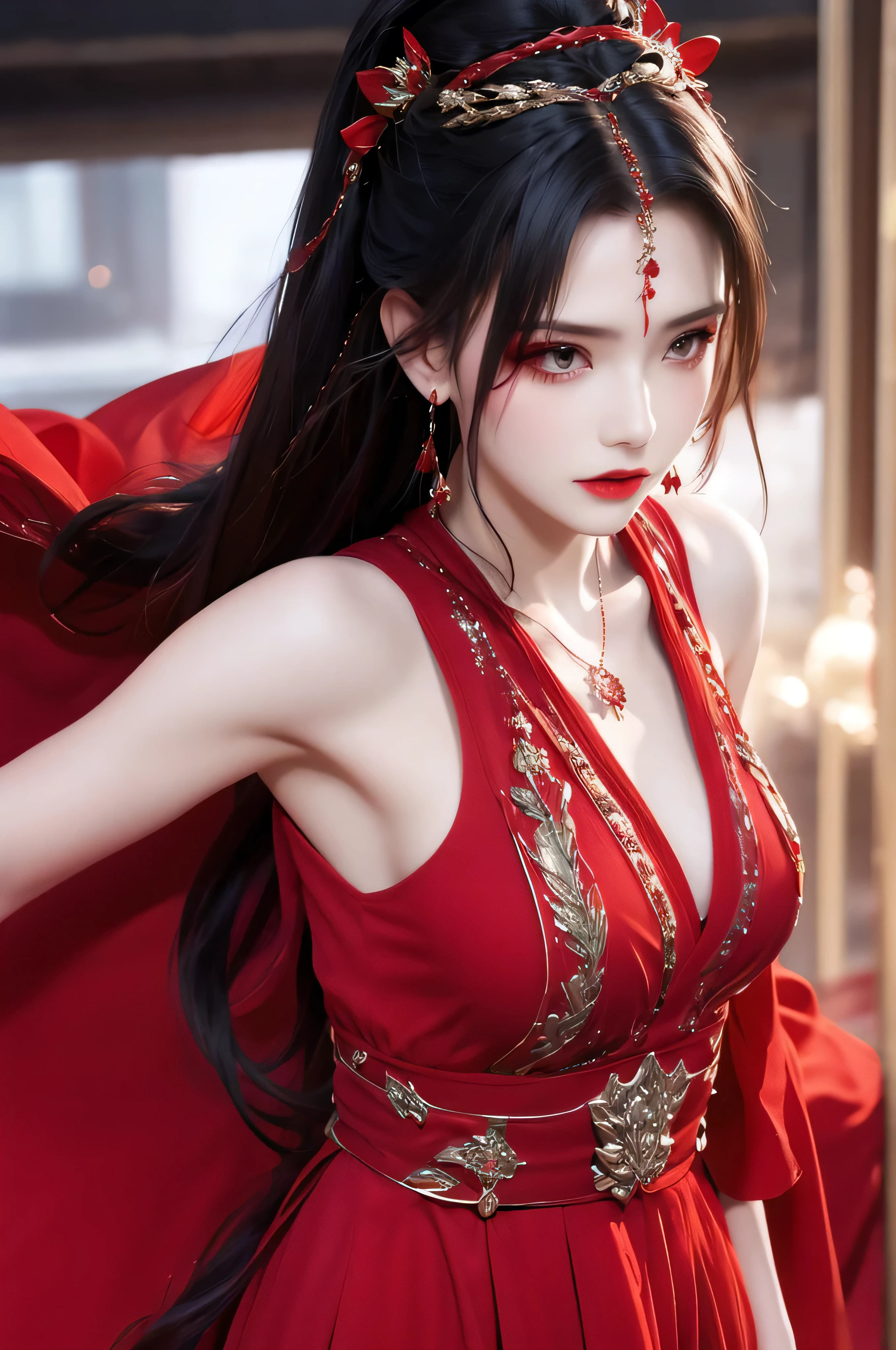 best quality, masterpiece, highres, official art, extremely detailed cg unity 8k wallpaper, jiapliqiao, 1girl, long hair, 1girl, jewelry, solo, earrings, red lips, hair ornament, makeup, realistic, red dress, necklace, (((full body))), ((sinister smile)), ((dancing)), her back is to the audience