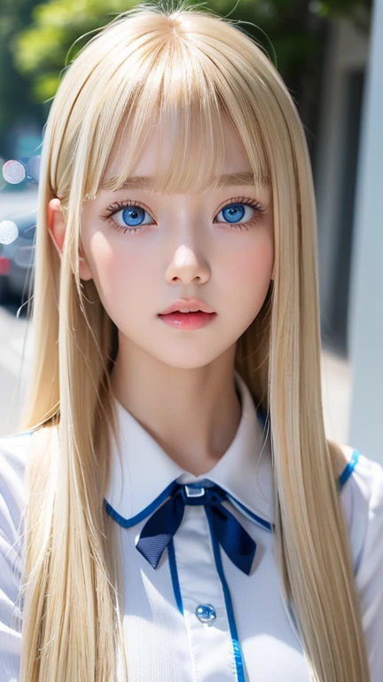  portrait、( school uniform )、young, shiny, very white, bright glossy skin、The best baby face looks、Bite your hair、、Blonde reflection、 natural platinum blonde hair with dazzling highlights 、 shiny bright hair ,、 Smooth, Super Long, Super Long Straight Hair 、Shiny, beautiful bangs、Bangs between the eyes、 bangs over eyes 、Bangs above the face、Big, shining, clear, incredibly bright, sky blue eyes、 Very Big Eyes 、very beautiful lovely cute  girl 、Ample Bust、With slit、((I could see the whole body))、Small Face Beauty、Round face、 cheek gloss highlights、