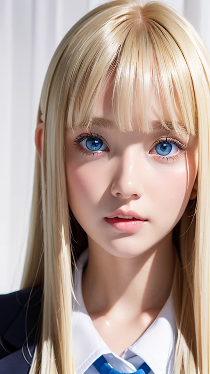  portrait、( school uniform )、young, shiny, very white, bright glossy skin、The best baby face looks、Bite your hair、、Blonde reflection、 natural platinum blonde hair with dazzling highlights 、 shiny bright hair ,、 Smooth, Super Long, Super Long Straight Hair 、Shiny, beautiful bangs、Bangs between the eyes、 bangs over eyes 、Bangs above the face、Big, shining, clear, incredibly bright, sky blue eyes、 Very Big Eyes 、very beautiful lovely cute  girl 、Ample Bust、With slit、((I could see the whole body))、Small Face Beauty、Round face、 cheek gloss highlights、