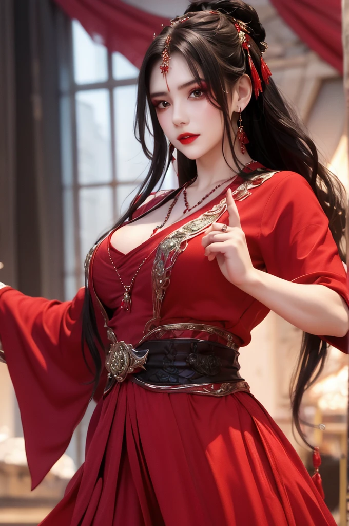 best quality, masterpiece, highres, official art, extremely detailed cg unity 8k wallpaper, jiapliqiao, 1girl, long hair, 1girl, jewelry, solo, earrings, red lips, hair ornament, makeup, realistic, red dress, necklace, (((full body))), ((sinister smile)), ((dancing)), her back is to the audience