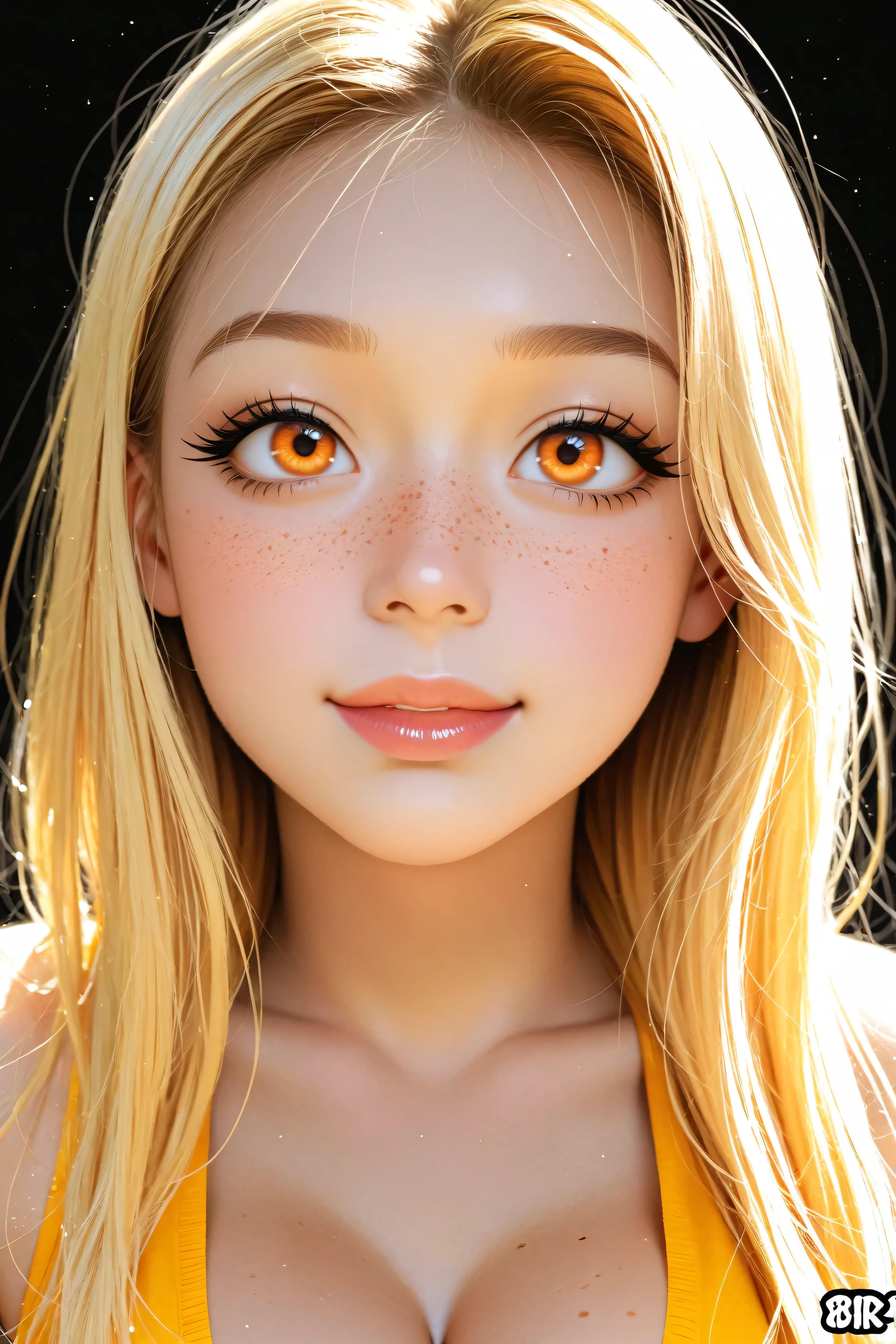 asian teen, yellow hair, orange eyes, freckles, very beautiful face, young, kawaii, realistic photo, high quality, perfect anatomy, cool beauty, long eyelashes, 8K, best quality, masterpiece、high resolution, very cute and beautiful, ultra-detailed face, detailed eyes, soft lighting, large breasts, cleavage, colorful alternative harujuku fashion, kpop superstar, manga, anime, hyperreal, ultra detailed, 16k, black background, 