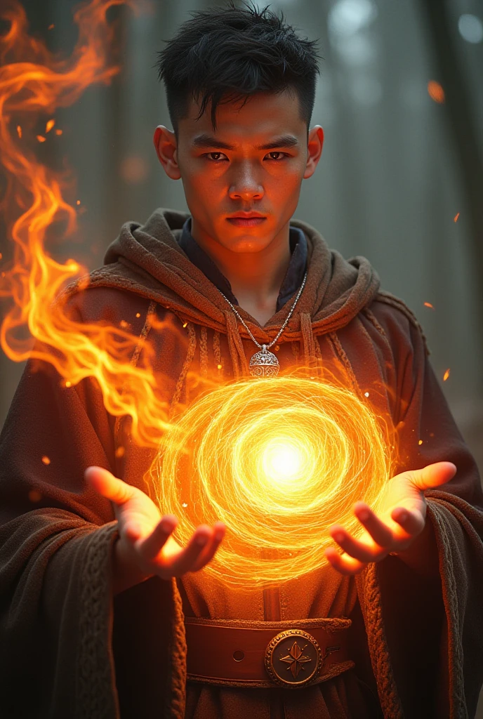  A young man with a slight unshaven eye holds a huge fiery vortex in his hands,  on it there is a gray mania cho with glowing runes , around his neck is an amulet in the form of a ball with magic inside , realism,  high resolution , in fantasy style 