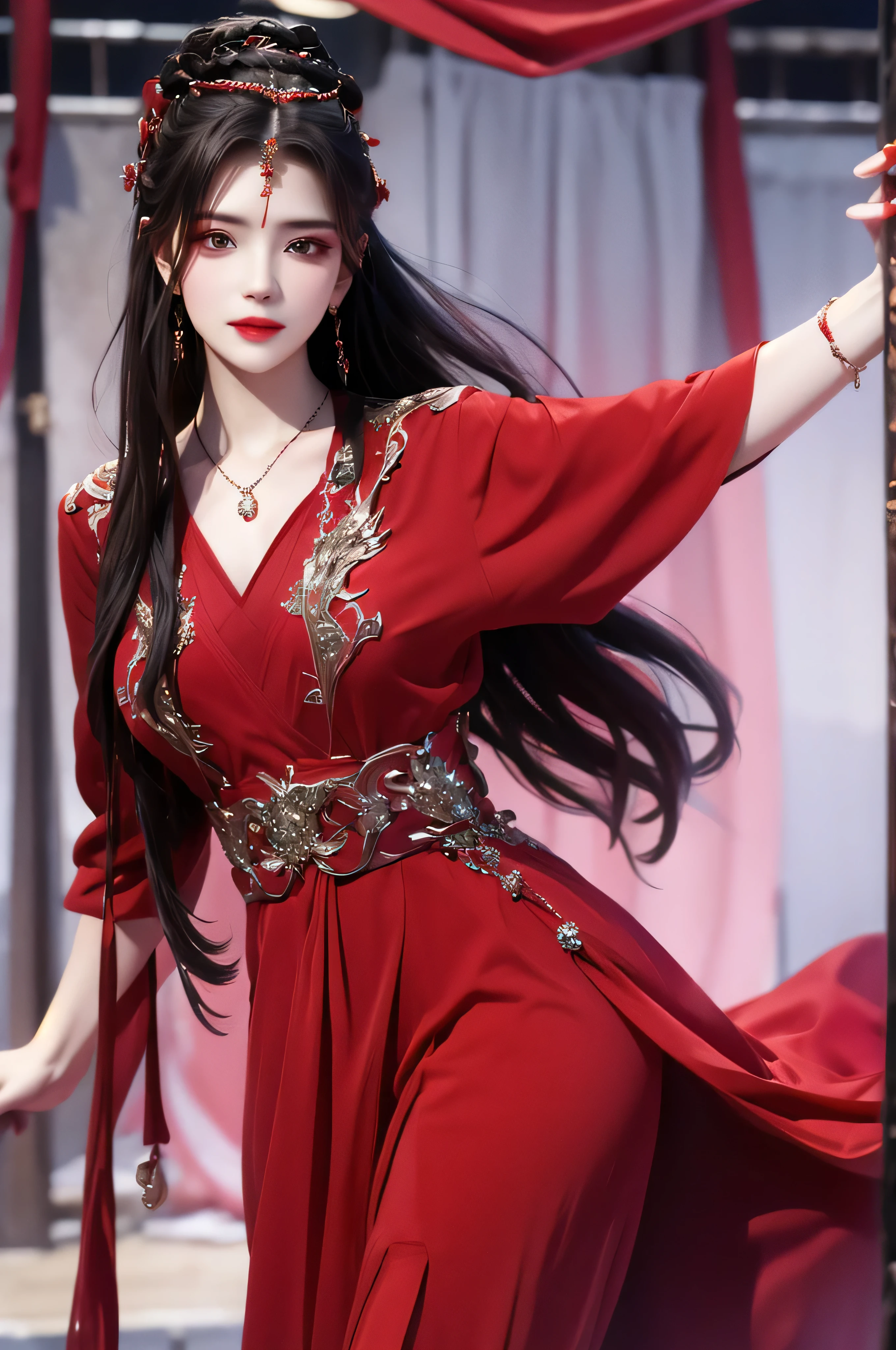 best quality, masterpiece, highres, official art, extremely detailed cg unity 8k wallpaper, jiapliqiao, 1girl, long hair, 1girl, jewelry, solo, earrings, red lips, hair ornament, makeup, realistic, red dress, necklace, (((full body))), ((sinister smile)), ((dancing)), her back is to the audience