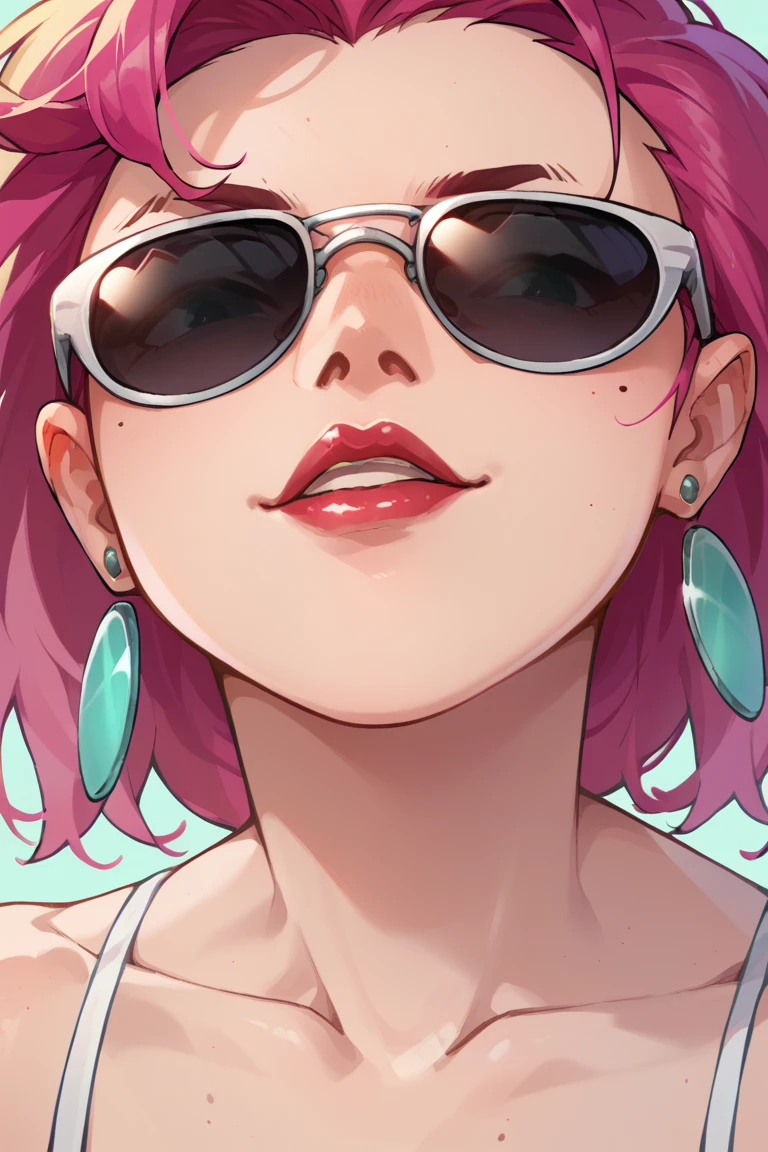 score_9, score_8_up, score_7_up, BREAK, 1girl, solo, gwentd, two-tone hair, lipstick,  looking at viewer,  incrspersonacutinxl, close-up, simple background, sunglasses,