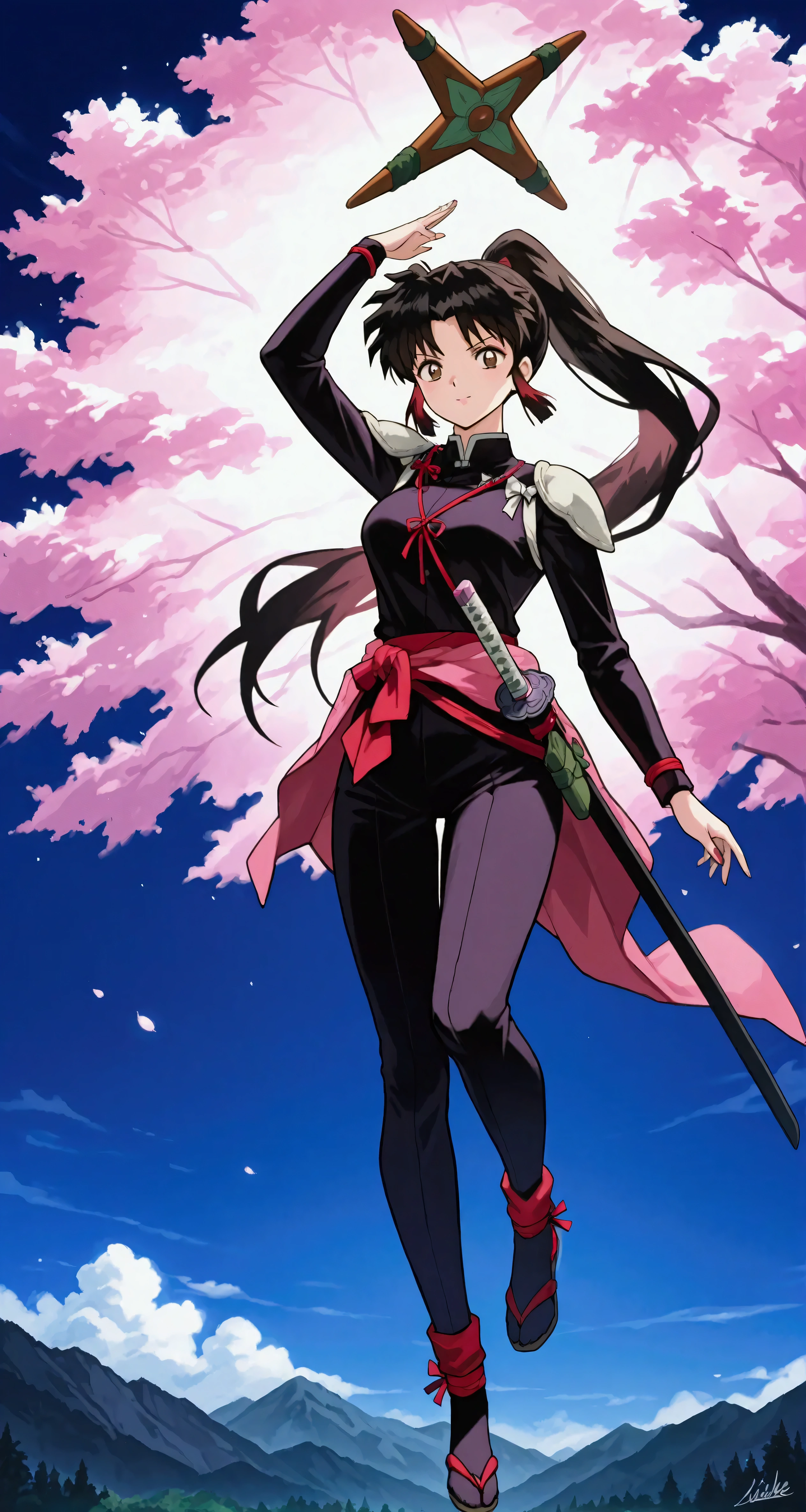 Masterpiece, top quality, high-resolution, ultra-detailed, advanced depth of field, 8k rendering, official anime style, and highly aesthetic. Full-body portrait of Sango from the Inuyasha series, a beautiful and strong woman with long dark hair tied into a high ponytail, sharp and determined brown eyes, and a serious yet confident expression. She is wearing her signature demon-slayer outfit: a black and pink bodysuit with armored accents on her shoulders and legs, a red sash tied around her waist, and a katana holstered at her side. She carries her iconic Hiraikotsu (giant boomerang) on her back. The background reflects the feudal-era Japan setting, featuring a rural village scene with traditional wooden houses, dense forests, and distant mountains. Cherry blossom trees add a serene touch, while a soft mist envelops the horizon for an atmospheric effect. Lighting highlights her figure and weapon, blending realism and anime-style aesthetics. Created with ultra-high resolution, vivid colors, and HD rendering for an immersive, lifelike depiction.
