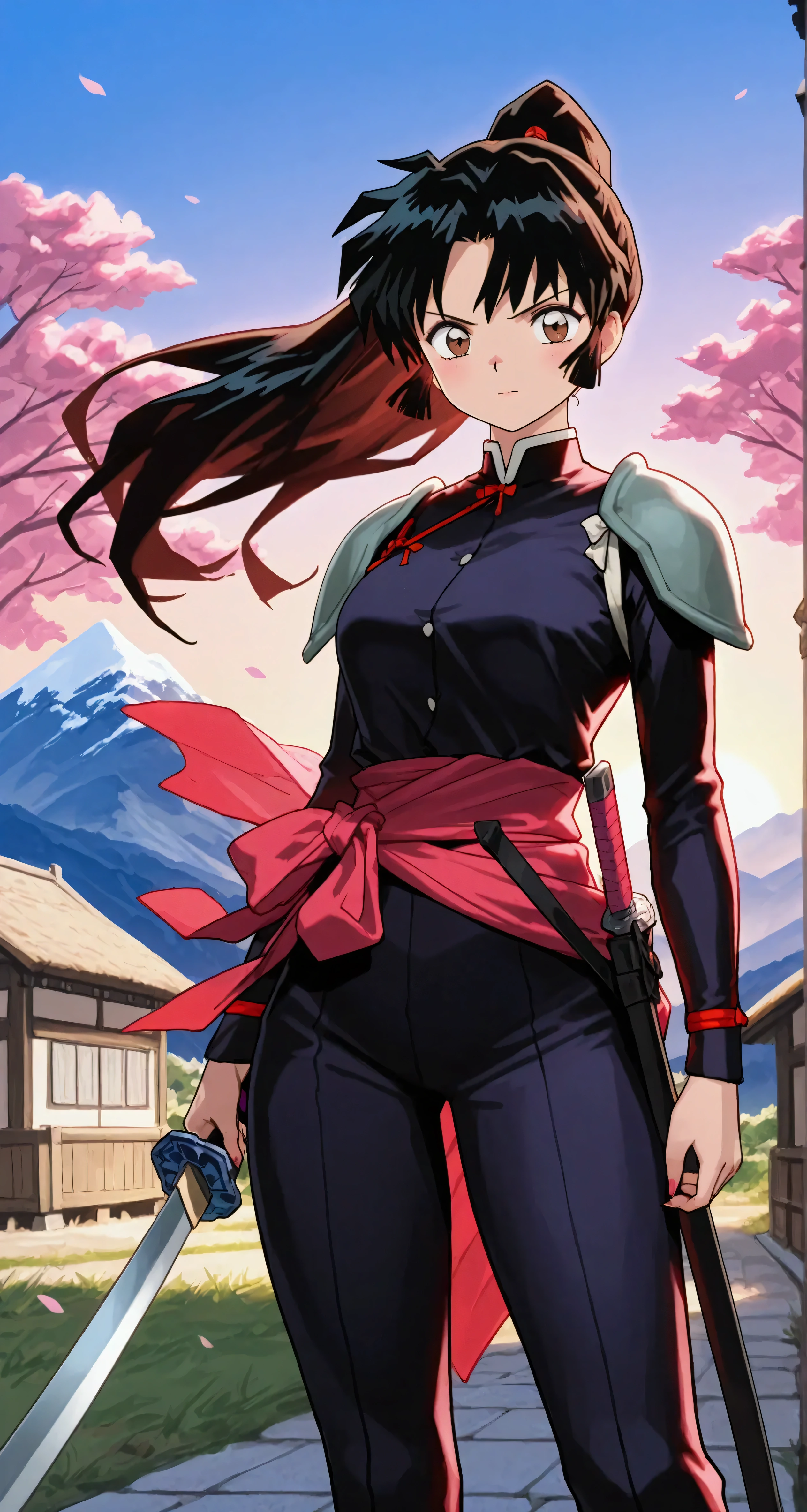 Masterpiece, top quality, high-resolution, ultra-detailed, advanced depth of field, 8k rendering, official anime style, and highly aesthetic. Full-body portrait of Sango from the Inuyasha series, a beautiful and strong woman with long dark hair tied into a high ponytail, sharp and determined brown eyes, and a serious yet confident expression. She is wearing her signature demon-slayer outfit: a black and pink bodysuit with armored accents on her shoulders and legs, a red sash tied around her waist, and a katana holstered at her side. She carries her iconic Hiraikotsu (giant boomerang) on her back. The background reflects the feudal-era Japan setting, featuring a rural village scene with traditional wooden houses, dense forests, and distant mountains. Cherry blossom trees add a serene touch, while a soft mist envelops the horizon for an atmospheric effect. Lighting highlights her figure and weapon, blending realism and anime-style aesthetics. Created with ultra-high resolution, vivid colors, and HD rendering for an immersive, lifelike depiction.
