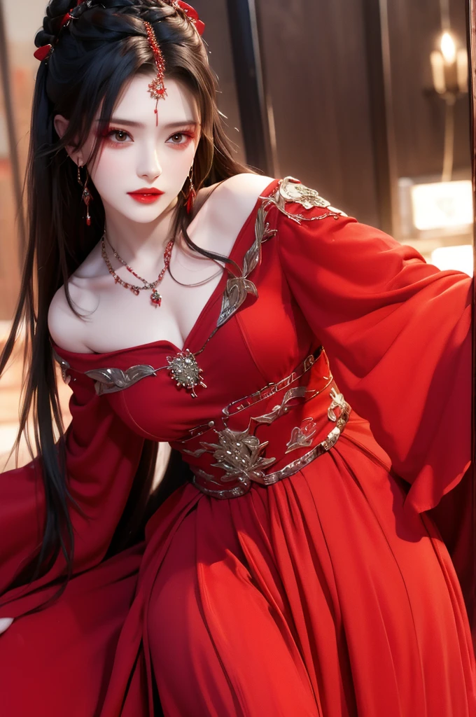 best quality, masterpiece, highres, official art, extremely detailed cg unity 8k wallpaper, jiapliqiao, 1girl, long hair, 1girl, jewelry, solo, earrings, red lips, hair ornament, makeup, realistic, red dress, necklace, (((full body))), ((sinister smile)), ((dancing)), her back is to the audience